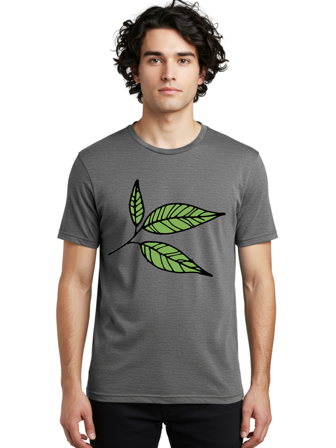 Three-Leaves Men'S Graphic Tee, 100% Cotton, Comfortable Casual Summer Wear, Machine Washable, Simple Leaf Illustration, Minimalist Design, Black Outline, Green Leaves, Leaf Veins, Foliage Artwork, Nature-Inspired Graphics, Aab144 10
