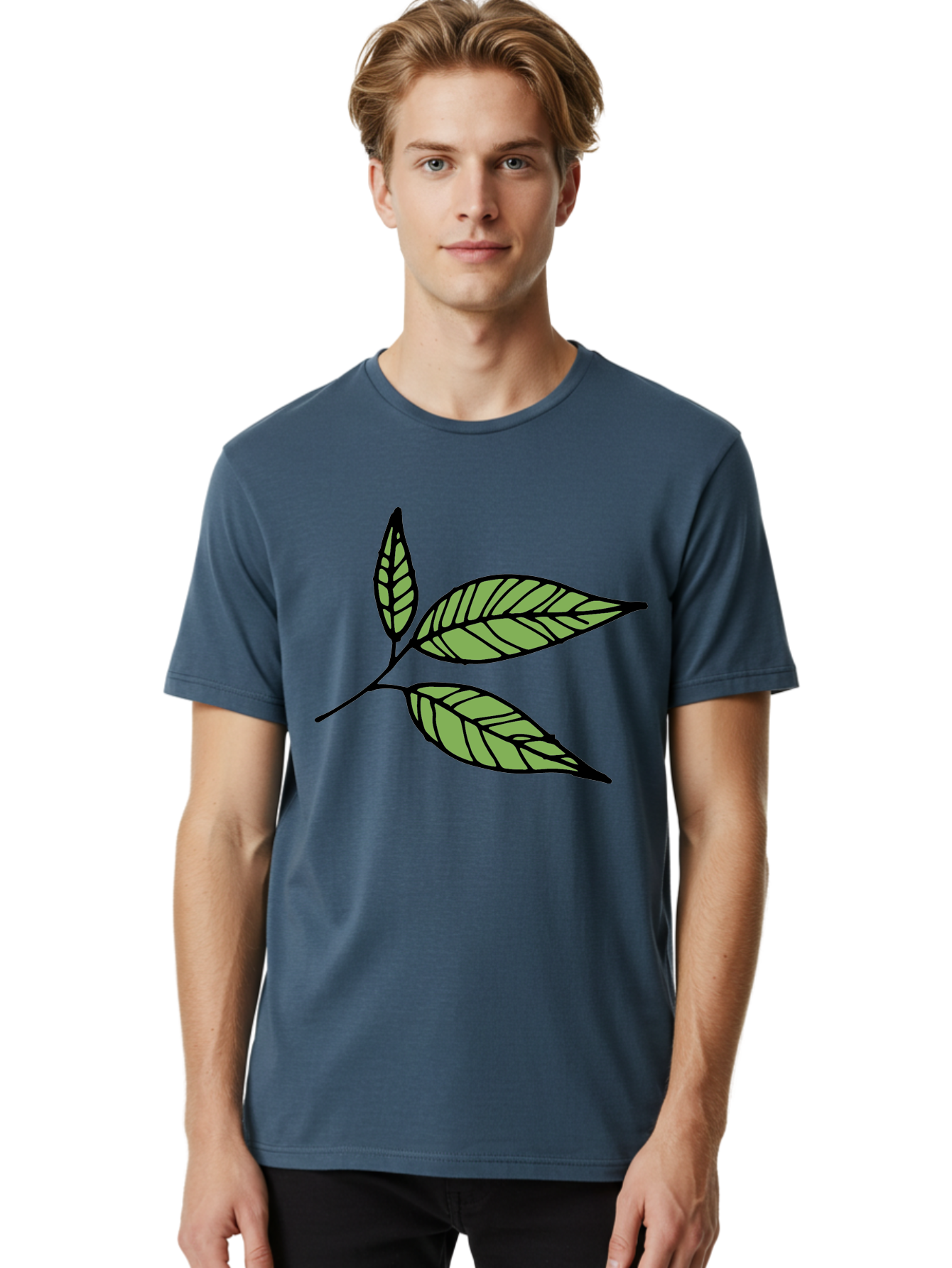 Three-Leaves Men'S Graphic Tee, 100% Cotton, Comfortable Casual Summer Wear, Machine Washable, Simple Leaf Illustration, Minimalist Design, Black Outline, Green Leaves, Leaf Veins, Foliage Artwork, Nature-Inspired Graphics, Aab144 12