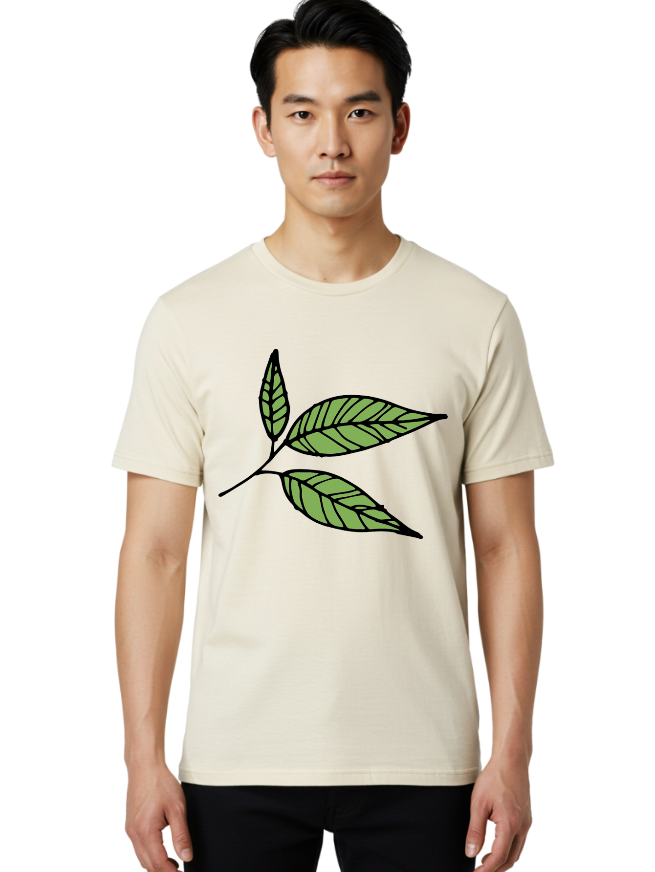 Three-Leaves Men'S Graphic Tee, 100% Cotton, Comfortable Casual Summer Wear, Machine Washable, Simple Leaf Illustration, Minimalist Design, Black Outline, Green Leaves, Leaf Veins, Foliage Artwork, Nature-Inspired Graphics, Aab144 18