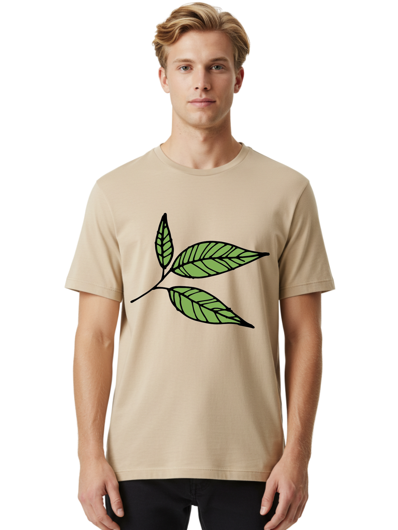 Three-Leaves Men'S Graphic Tee, 100% Cotton, Comfortable Casual Summer Wear, Machine Washable, Simple Leaf Illustration, Minimalist Design, Black Outline, Green Leaves, Leaf Veins, Foliage Artwork, Nature-Inspired Graphics, Aab144 28