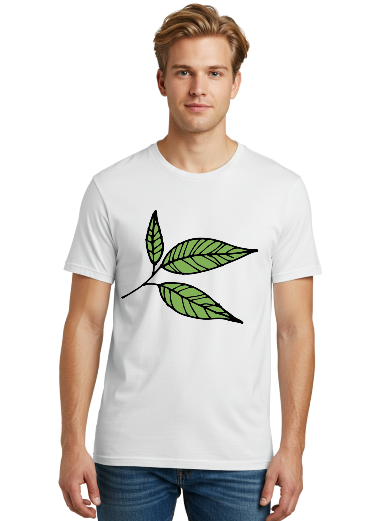 Three-Leaves Men'S Graphic Tee, 100% Cotton, Comfortable Casual Summer Wear, Machine Washable, Simple Leaf Illustration, Minimalist Design, Black Outline, Green Leaves, Leaf Veins, Foliage Artwork, Nature-Inspired Graphics, Aab144 30
