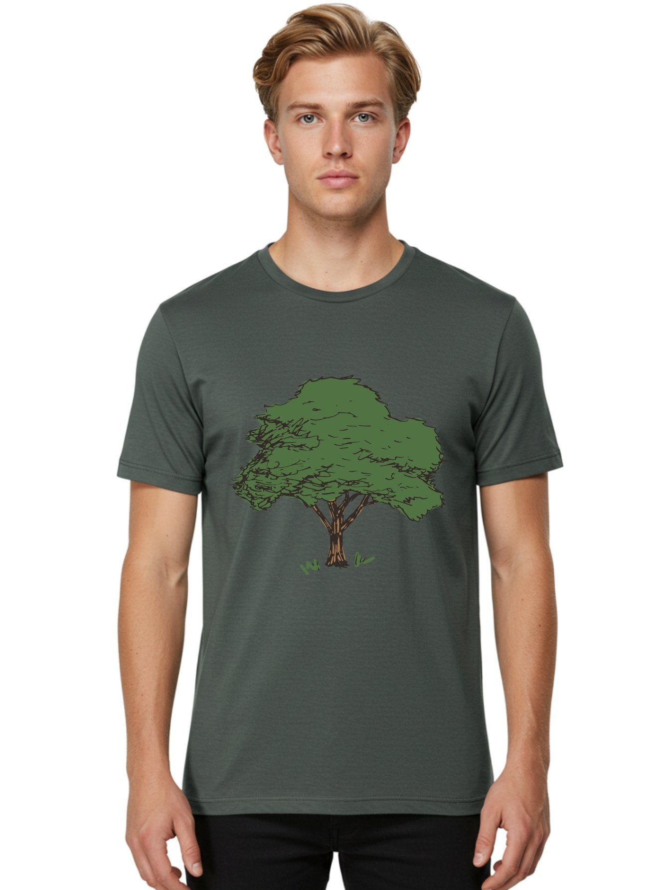 Tree-1 Men'S Graphic Tee, 100% Cotton, Comfortable Casual Summer Wear, Machine Washable, Simple Tree Illustration, Minimalist Design, Dark Green Foliage, Brown Trunk, Simple Branches, Whimsical Art, Digital Drawing, Abstract Tree, Aab147 29