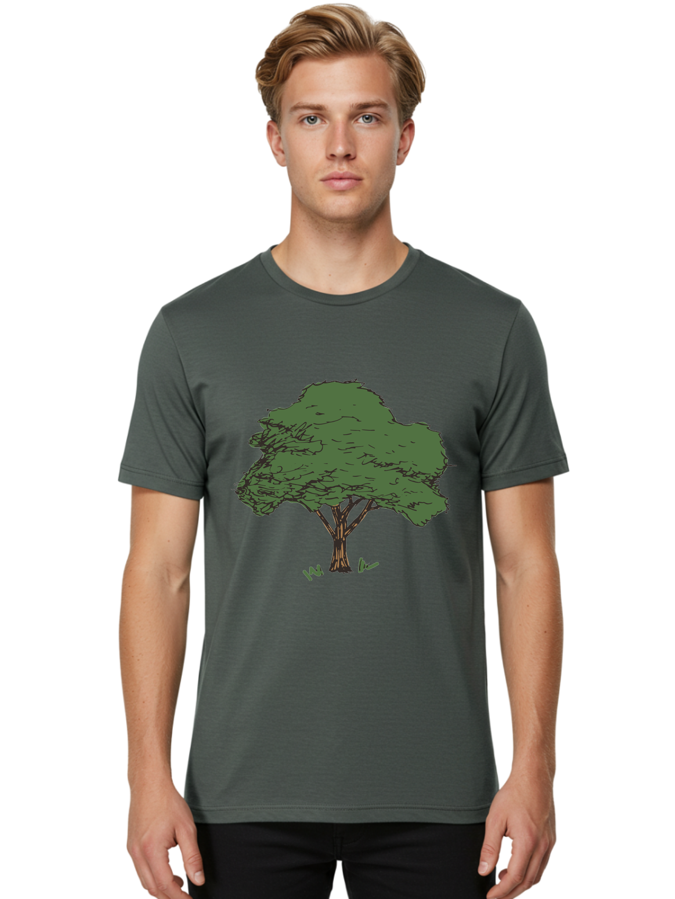 Tree-1 Men'S Graphic Tee, 100% Cotton, Comfortable Casual Summer Wear, Machine Washable, Simple Tree Illustration, Minimalist Design, Dark Green Foliage, Brown Trunk, Simple Branches, Whimsical Art, Digital Drawing, Abstract Tree, Aab147 4