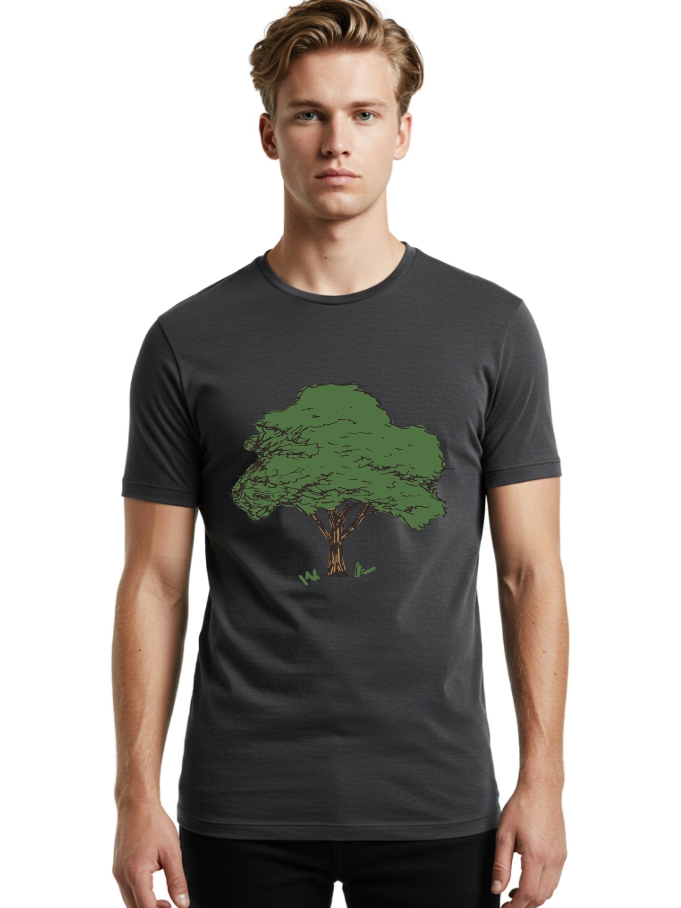Tree-1 Men'S Graphic Tee, 100% Cotton, Comfortable Casual Summer Wear, Machine Washable, Simple Tree Illustration, Minimalist Design, Dark Green Foliage, Brown Trunk, Simple Branches, Whimsical Art, Digital Drawing, Abstract Tree, Aab147 22
