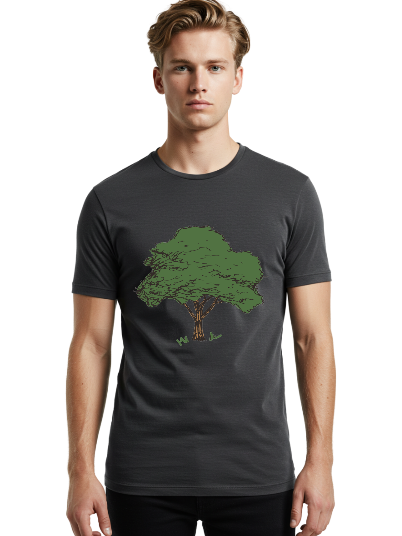Tree-1 Men'S Graphic Tee, 100% Cotton, Comfortable Casual Summer Wear, Machine Washable, Simple Tree Illustration, Minimalist Design, Dark Green Foliage, Brown Trunk, Simple Branches, Whimsical Art, Digital Drawing, Abstract Tree, Aab147 8
