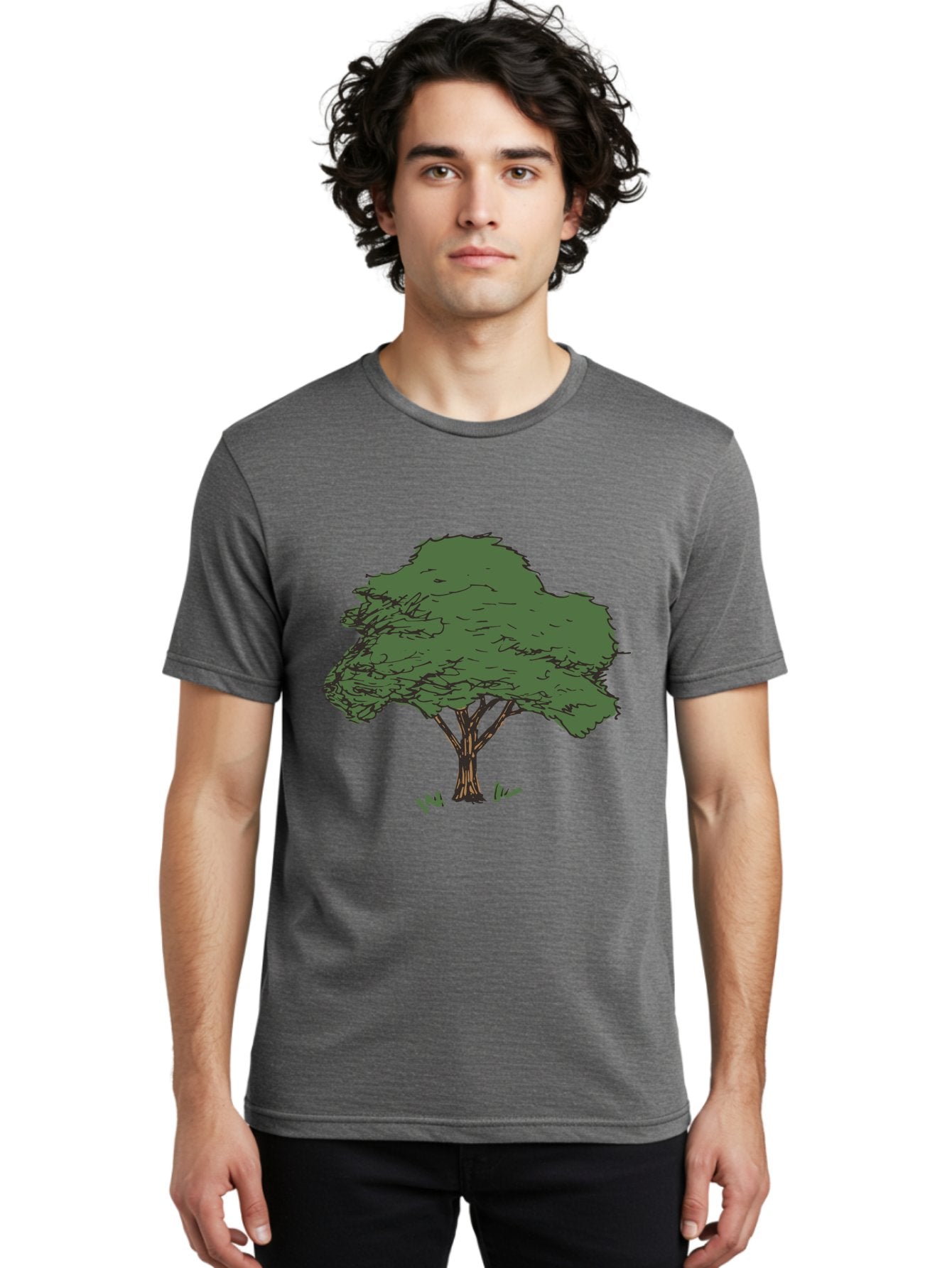 Tree-1 Men'S Graphic Tee, 100% Cotton, Comfortable Casual Summer Wear, Machine Washable, Simple Tree Illustration, Minimalist Design, Dark Green Foliage, Brown Trunk, Simple Branches, Whimsical Art, Digital Drawing, Abstract Tree, Aab147 17