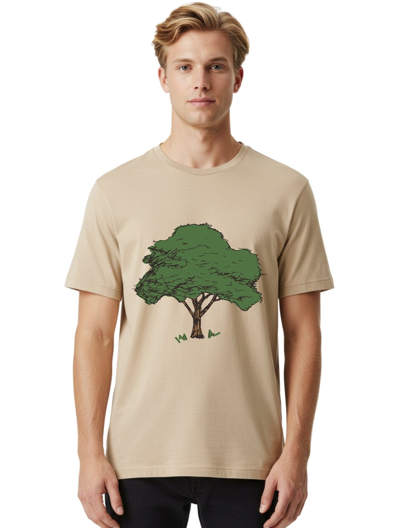 Tree-1 Men'S Graphic Tee, 100% Cotton, Comfortable Casual Summer Wear, Machine Washable, Simple Tree Illustration, Minimalist Design, Dark Green Foliage, Brown Trunk, Simple Branches, Whimsical Art, Digital Drawing, Abstract Tree, Aab147 18