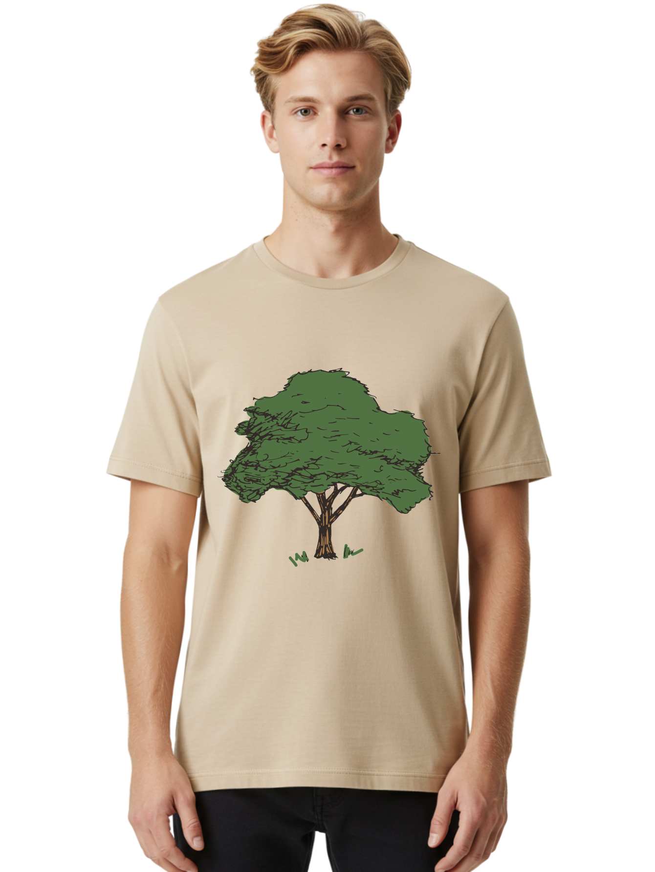 Tree-1 Men'S Graphic Tee, 100% Cotton, Comfortable Casual Summer Wear, Machine Washable, Simple Tree Illustration, Minimalist Design, Dark Green Foliage, Brown Trunk, Simple Branches, Whimsical Art, Digital Drawing, Abstract Tree, Aab147 28