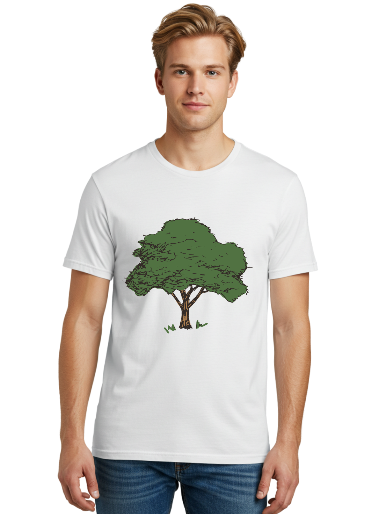 Tree-1 Men'S Graphic Tee, 100% Cotton, Comfortable Casual Summer Wear, Machine Washable, Simple Tree Illustration, Minimalist Design, Dark Green Foliage, Brown Trunk, Simple Branches, Whimsical Art, Digital Drawing, Abstract Tree, Aab147 30