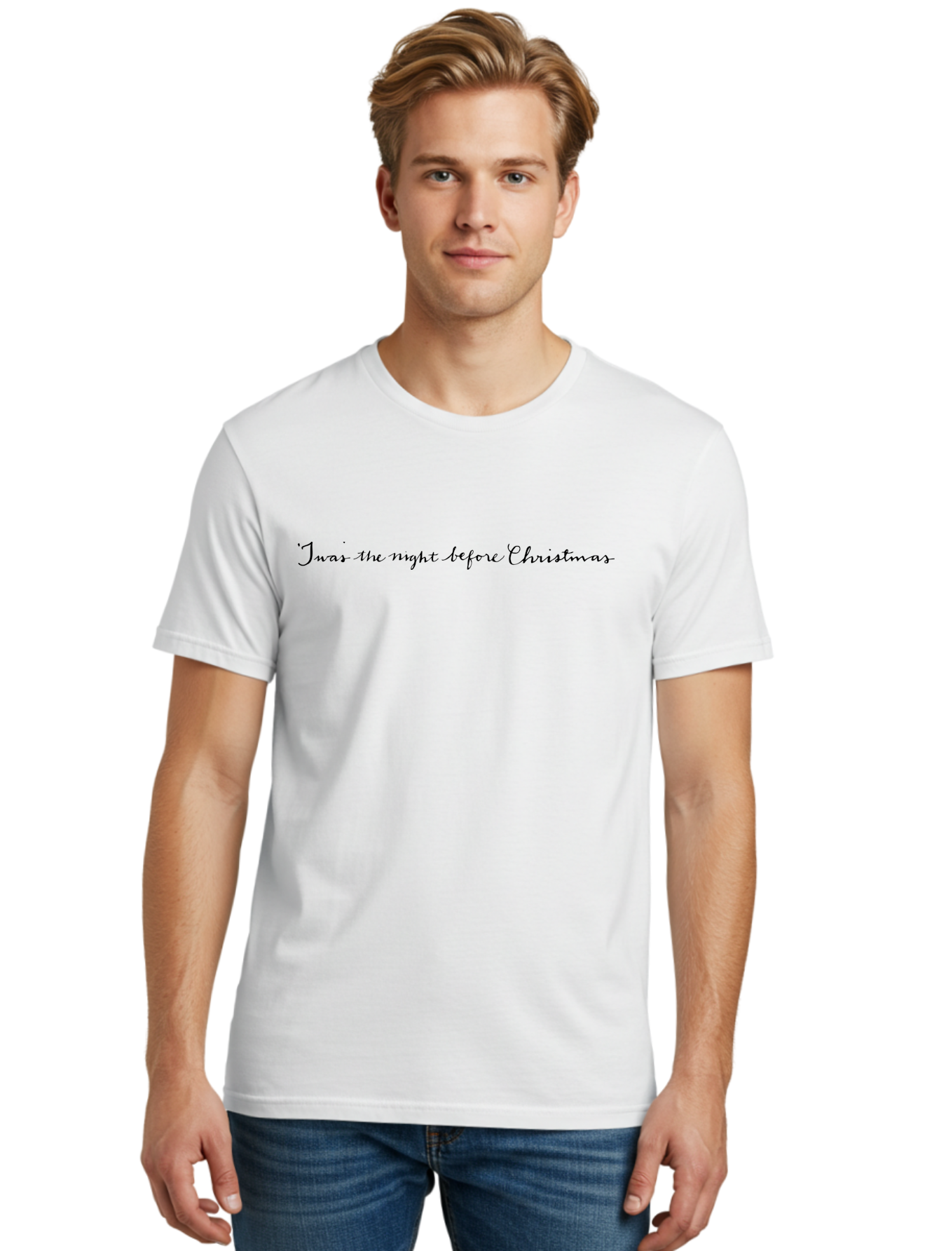 Twas-Night-Before-Christmas Men'S Graphic Tee, 100% Cotton, Comfortable Casual Summer Wear, Machine Washable, Classic Christmas Quote, Holiday Phrase, Festive Sayings, Black Cursive Text, Christmas Eve, Holiday Season, Winter Wonderland, Aab151 30