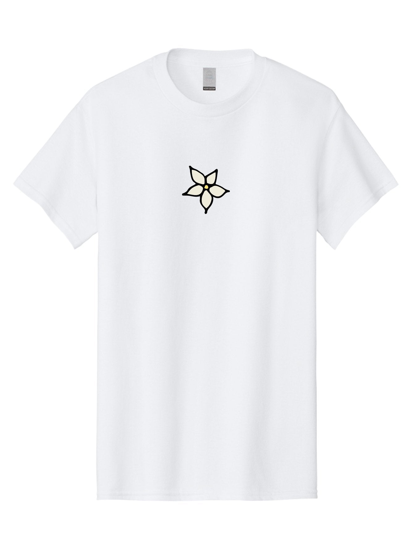 White-Flower-1 Men'S Graphic Tee, 100% Cotton, Comfortable Casual Summer Wear, Machine Washable, Simple Flower Illustration, Minimalist Design, White Petals, Black Outline, Yellow Center, Delicate Charm, Elegant Simplicity, Floral Motif, Aab160 14