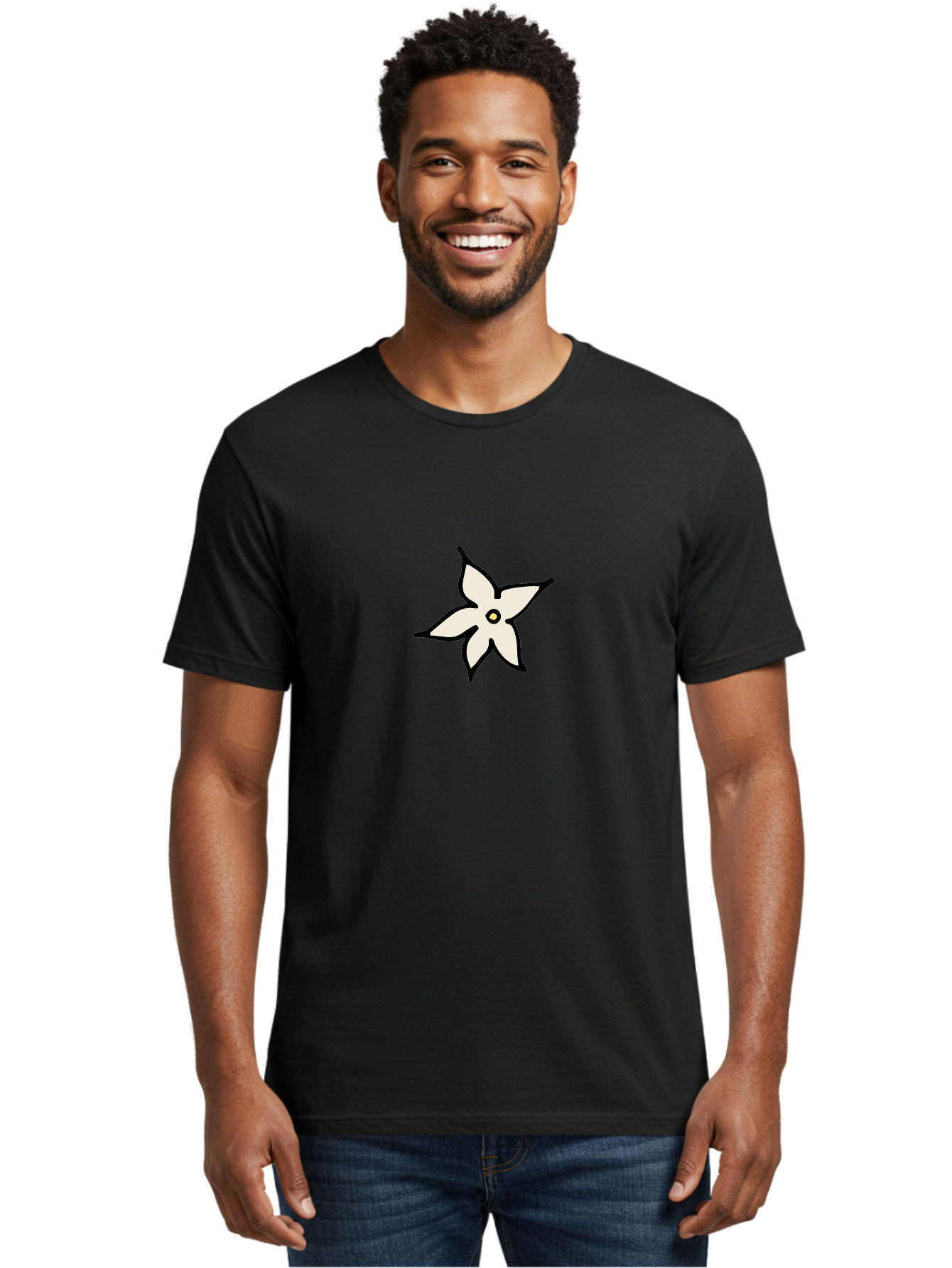 White-Flower-2 Men'S Graphic Tee, 100% Cotton, Comfortable Casual Summer Wear, Machine Washable, White Flower, Simple Design, Minimalist Art, Five Petals, Black Outline, Yellow Center, Delicate Illustration, Floral Motif Aab161