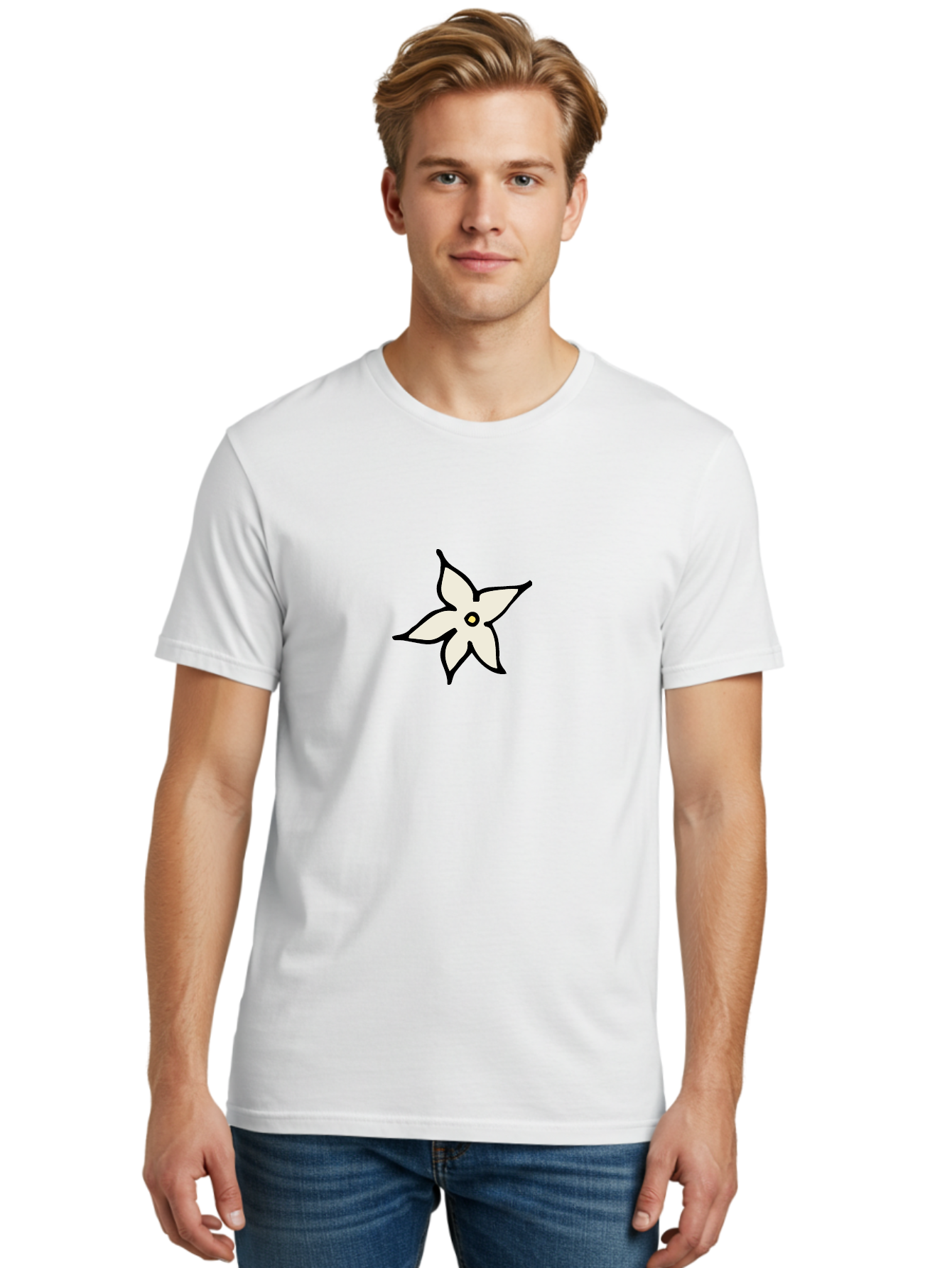 White-Flower-2 Men'S Graphic Tee, 100% Cotton, Comfortable Casual Summer Wear, Machine Washable, White Flower, Simple Design, Minimalist Art, Five Petals, Black Outline, Yellow Center, Delicate Illustration, Floral Motif Aab161