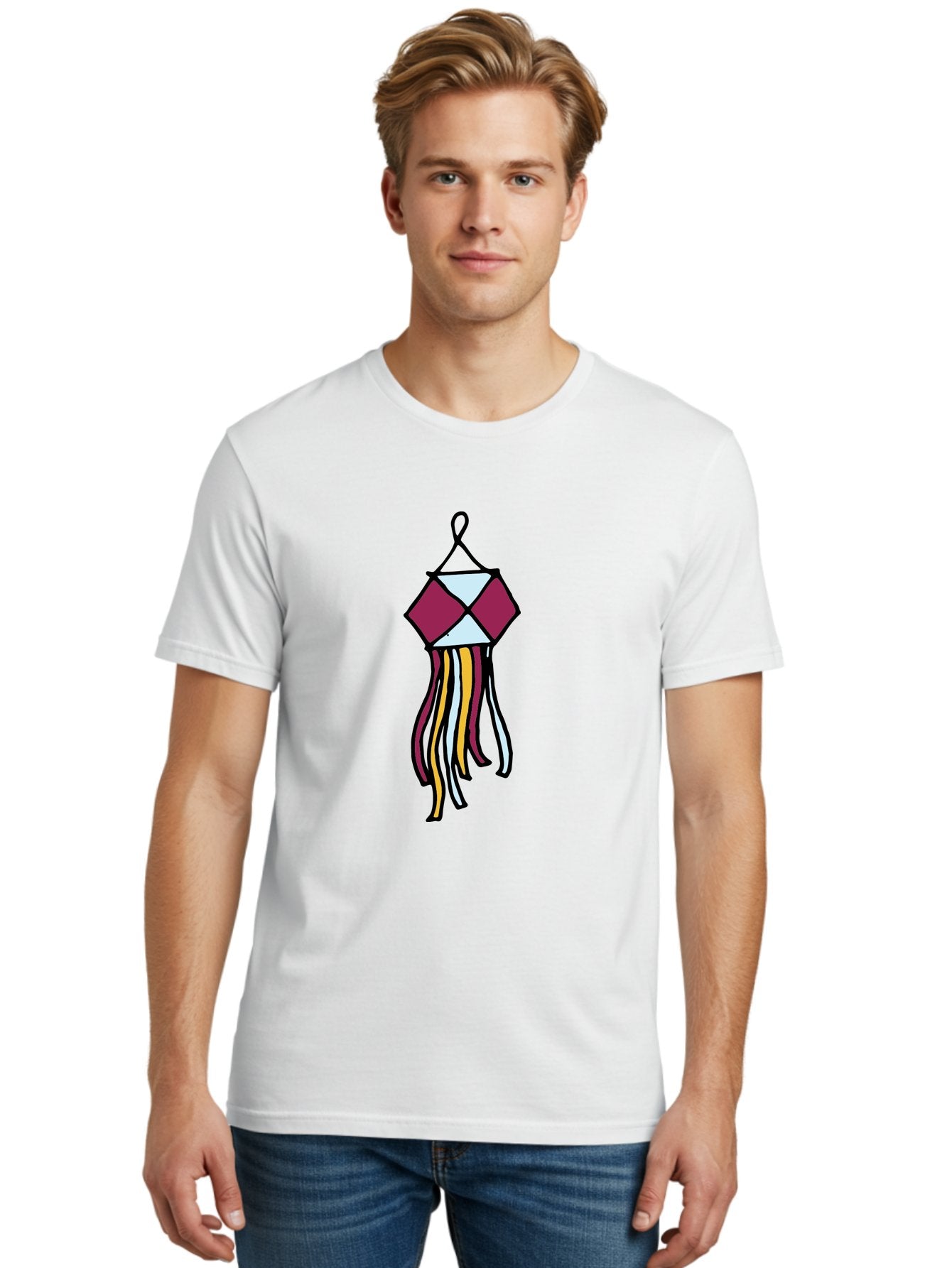 Windchime Men'S Graphic Tee, 100% Cotton, Comfortable Casual Summer Wear, Machine Washable, Hanging Decoration, Wind Chime, Colorful Tassels, Maroon And White, Yellow And White, Decorative Art, Flowing Ribbons, Festive Decor, Celebratory Theme Aab166 25