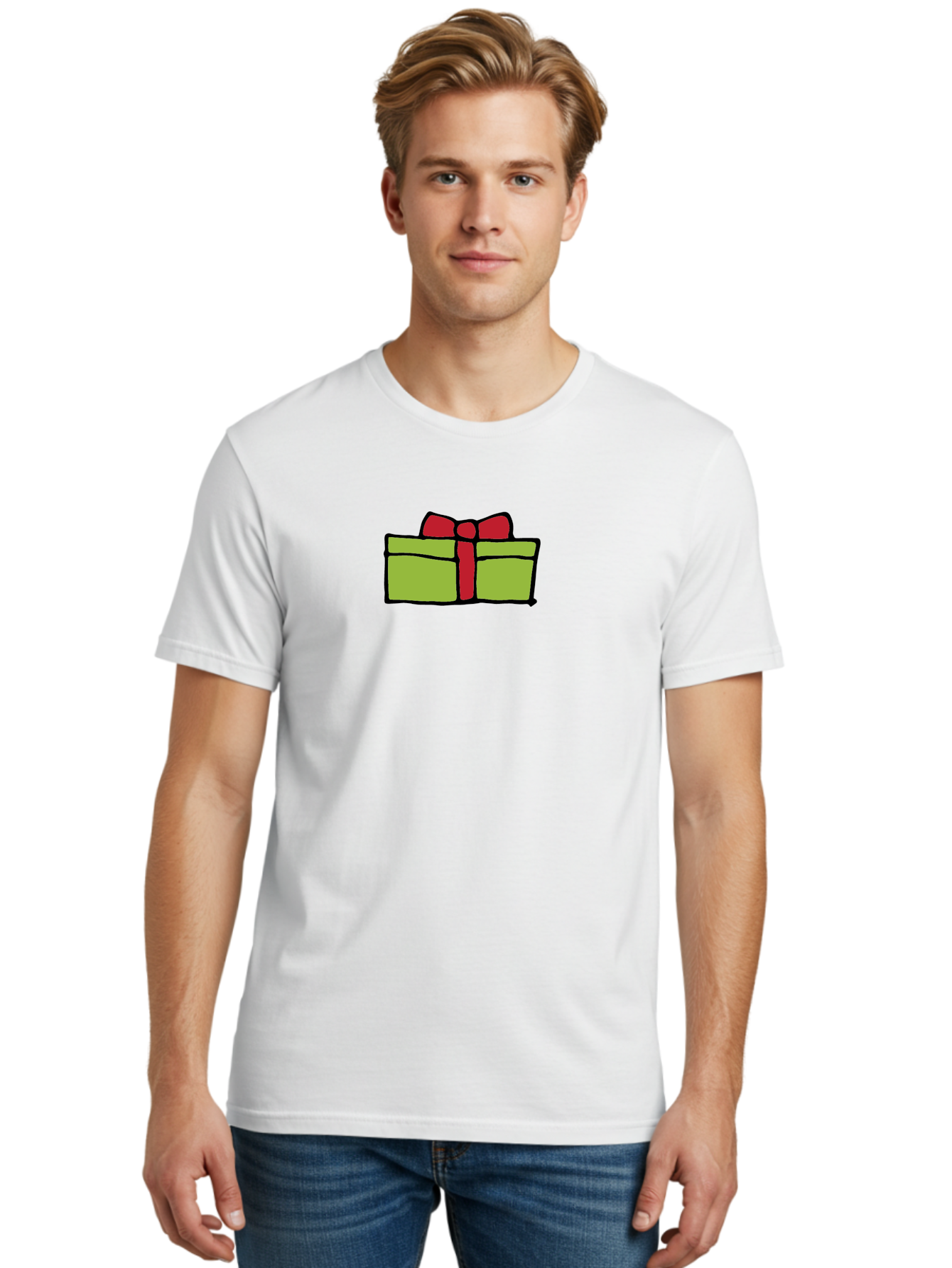 Wrapped-Gift Men'S Graphic Tee, 100% Cotton, Comfortable Casual Summer Wear, Machine Washable, Wrapped Gift, Red Bow, Festive Present, Holiday Season, Gift Giving, Celebration, Cartoon Illustration, Simple Design, Minimalist Art Aab176 22