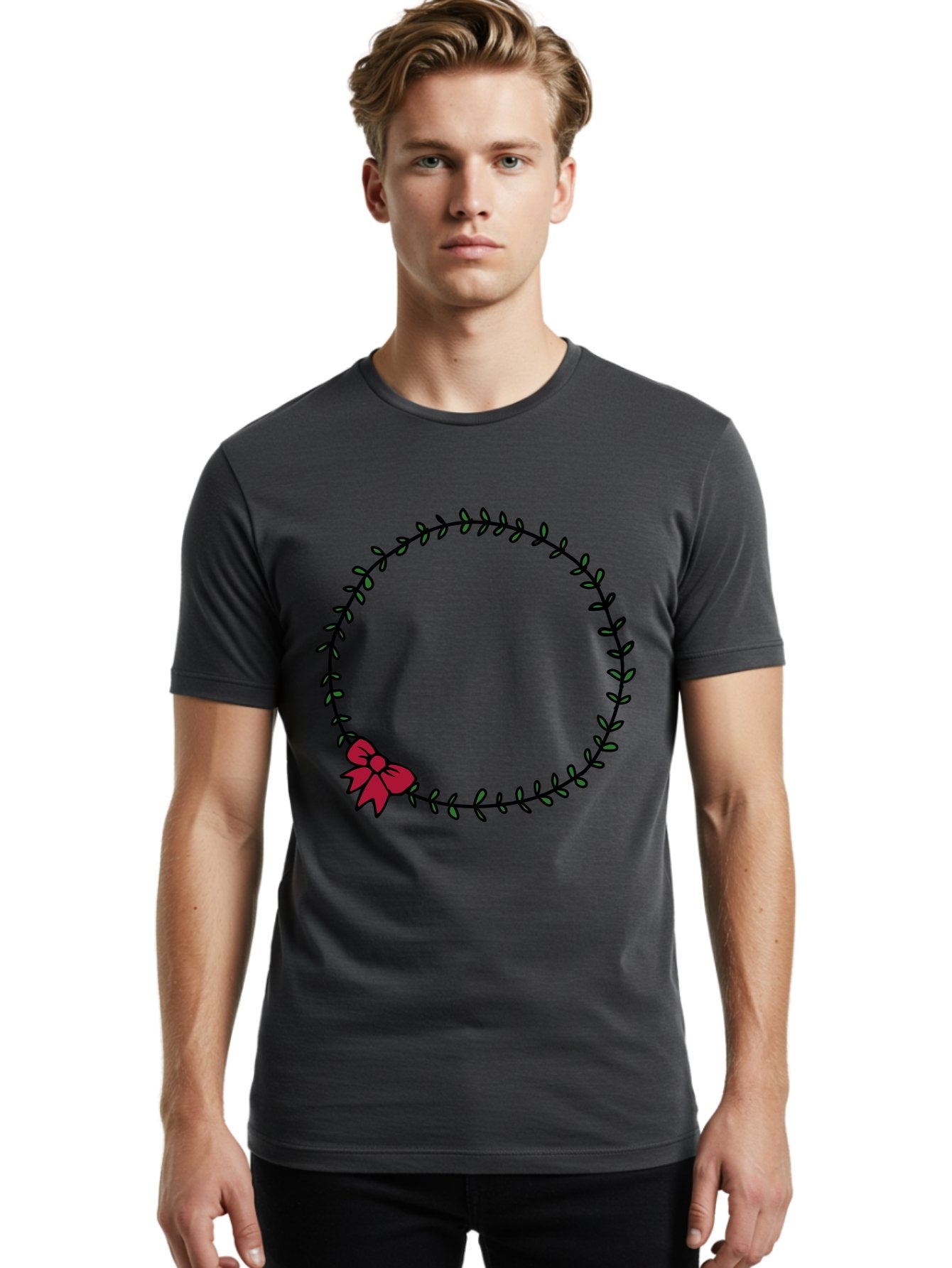 Wreath-With-Bow Men'S Graphic Tee, 100% Cotton, Comfortable Casual Summer Wear, Machine Washable, Floral Wreath, Circular Frame, Red Bow, Black Leaves, Decorative Border, Elegant Design, Minimalist Style, Festive Atmosphere Aab177 20