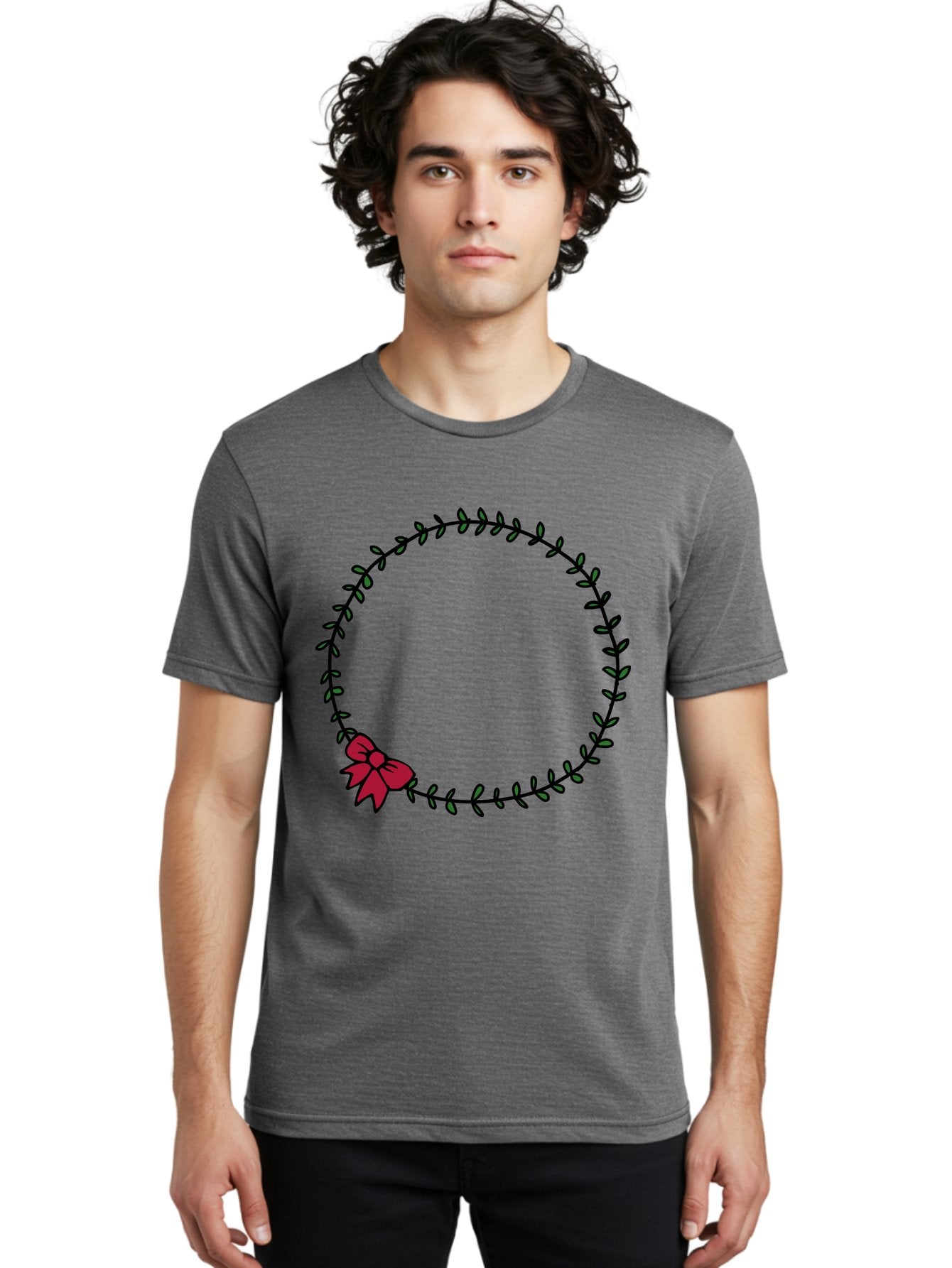 Wreath-With-Bow Men'S Graphic Tee, 100% Cotton, Comfortable Casual Summer Wear, Machine Washable, Floral Wreath, Circular Frame, Red Bow, Black Leaves, Decorative Border, Elegant Design, Minimalist Style, Festive Atmosphere Aab177 23
