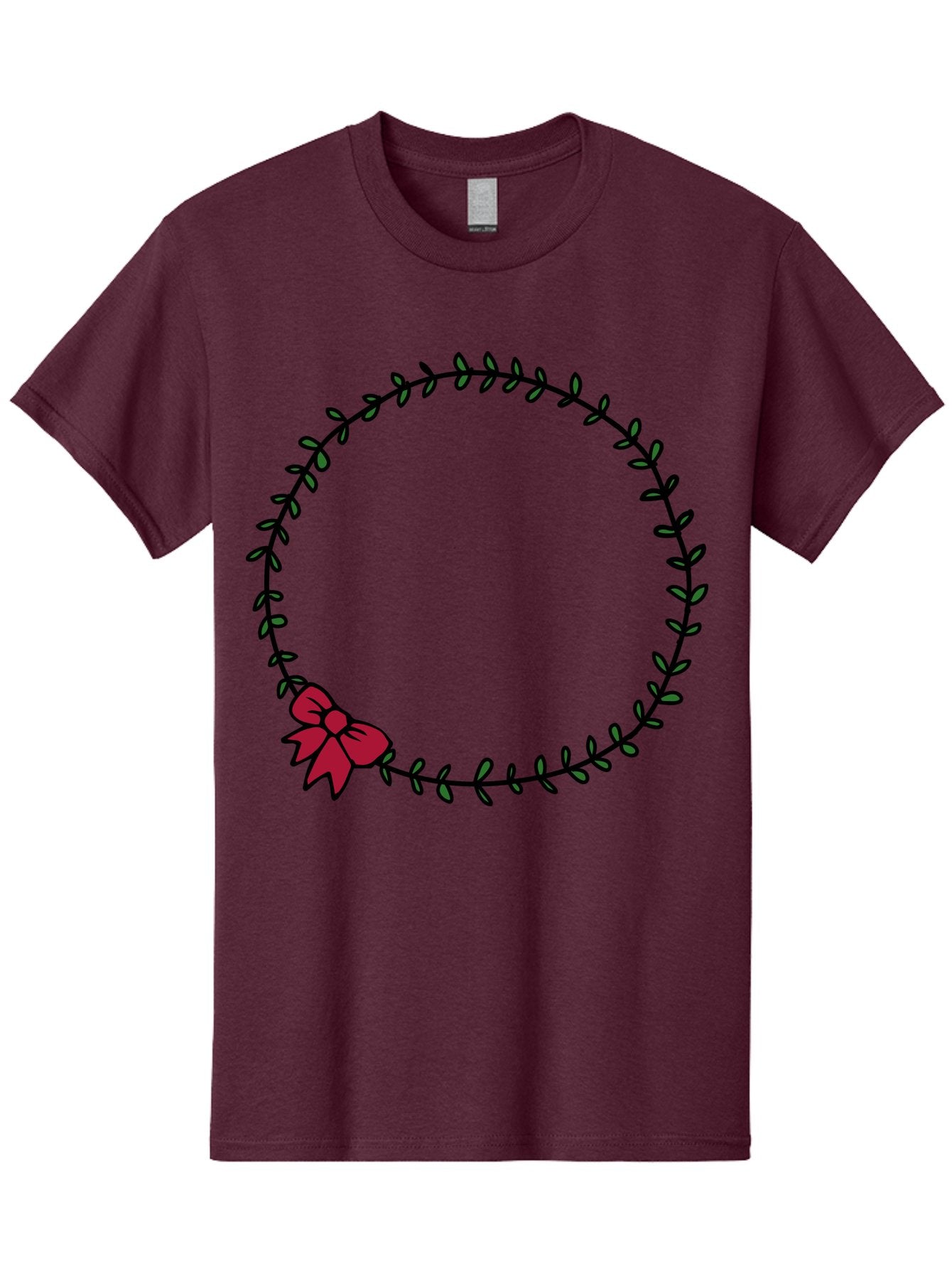 Wreath-With-Bow Men'S Graphic Tee, 100% Cotton, Comfortable Casual Summer Wear, Machine Washable, Floral Wreath, Circular Frame, Red Bow, Black Leaves, Decorative Border, Elegant Design, Minimalist Style, Festive Atmosphere Aab177 4
