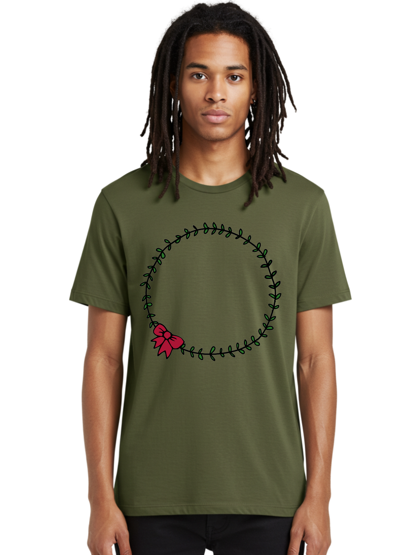 Wreath-With-Bow Men'S Graphic Tee, 100% Cotton, Comfortable Casual Summer Wear, Machine Washable, Floral Wreath, Circular Frame, Red Bow, Black Leaves, Decorative Border, Elegant Design, Minimalist Style, Festive Atmosphere Aab177 26