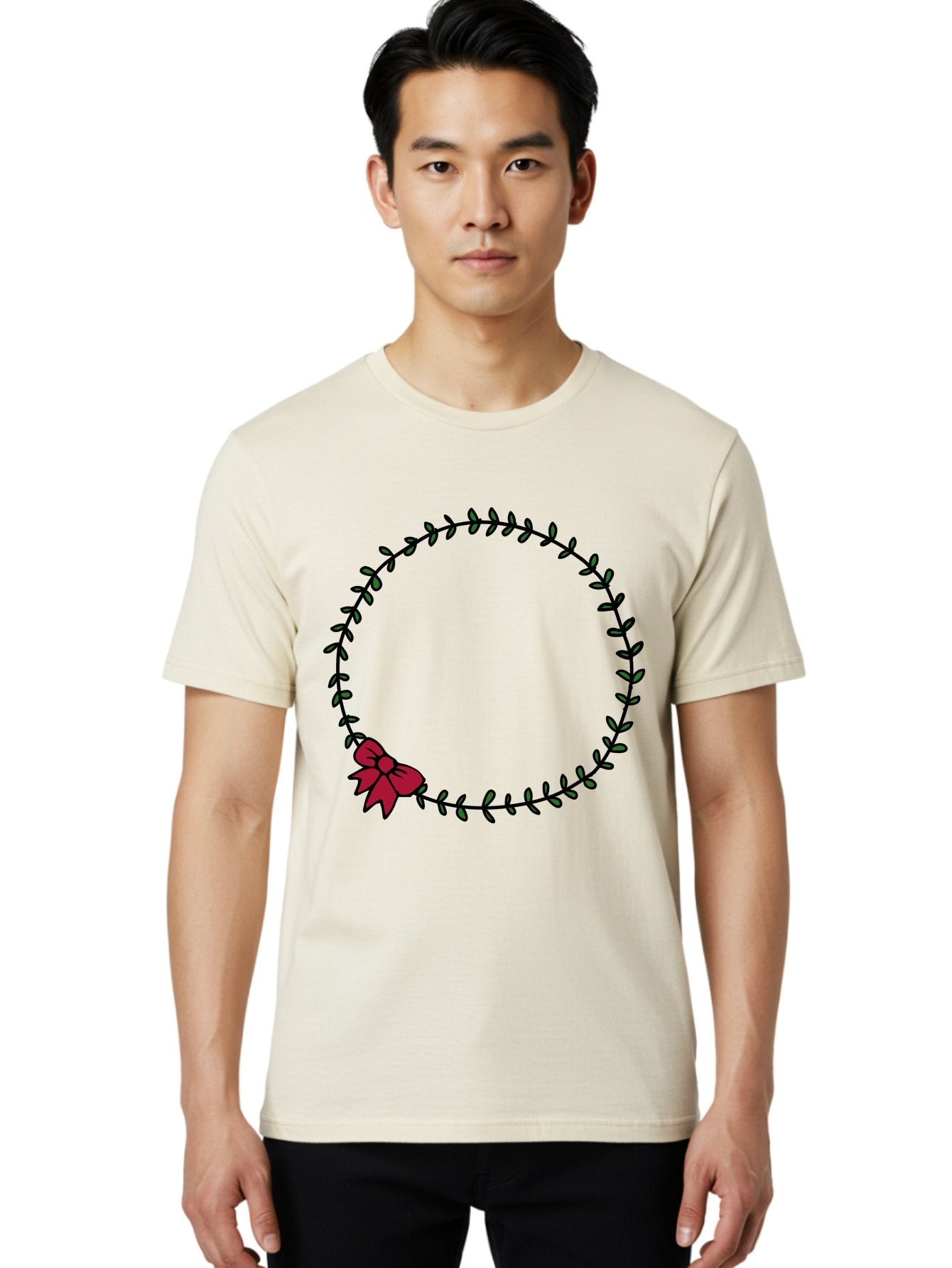 Wreath-With-Bow Men'S Graphic Tee, 100% Cotton, Comfortable Casual Summer Wear, Machine Washable, Floral Wreath, Circular Frame, Red Bow, Black Leaves, Decorative Border, Elegant Design, Minimalist Style, Festive Atmosphere Aab177 19