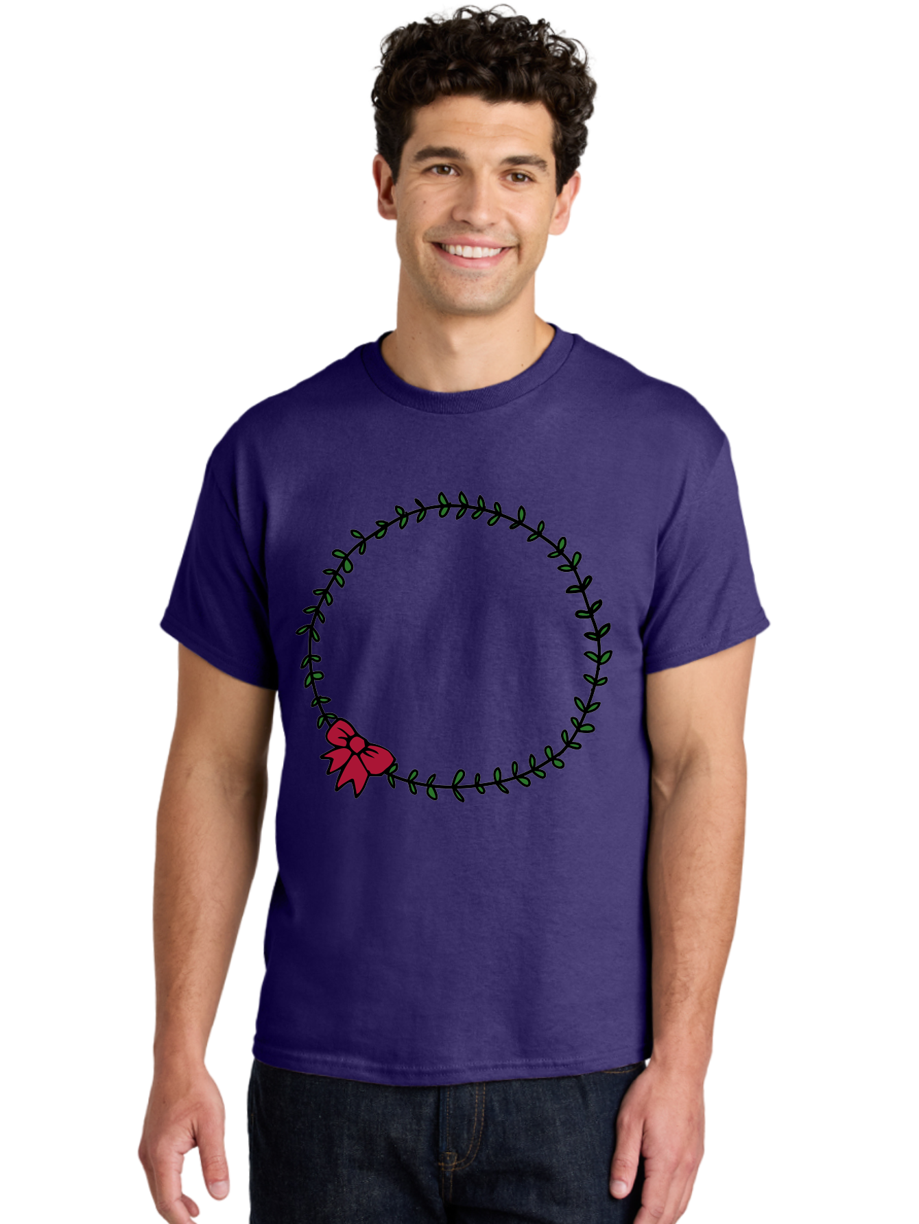 Wreath-With-Bow Men'S Graphic Tee, 100% Cotton, Comfortable Casual Summer Wear, Machine Washable, Floral Wreath, Circular Frame, Red Bow, Black Leaves, Decorative Border, Elegant Design, Minimalist Style, Festive Atmosphere Aab177 20