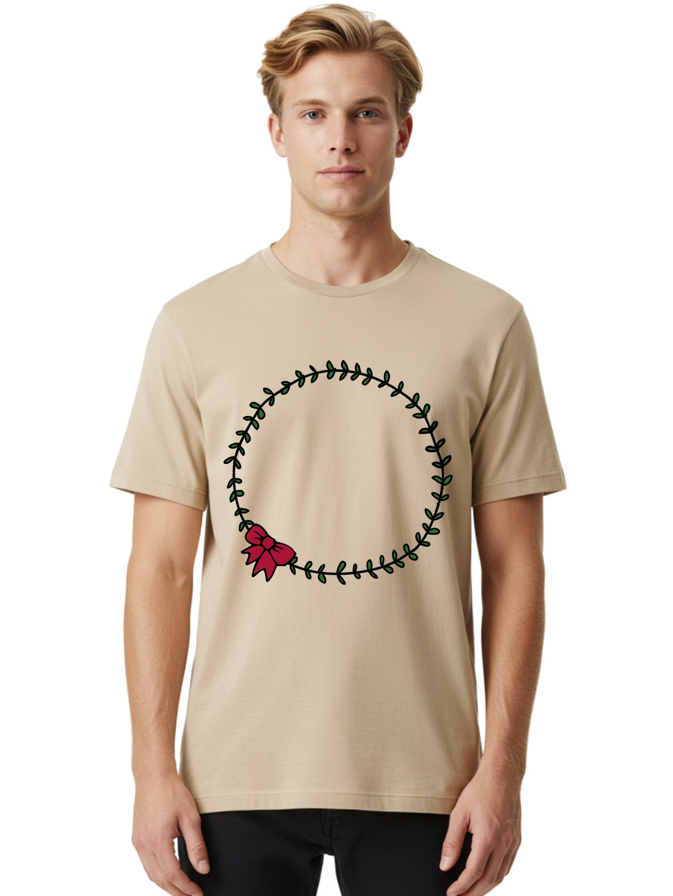 Wreath-With-Bow Men'S Graphic Tee, 100% Cotton, Comfortable Casual Summer Wear, Machine Washable, Floral Wreath, Circular Frame, Red Bow, Black Leaves, Decorative Border, Elegant Design, Minimalist Style, Festive Atmosphere Aab177 24