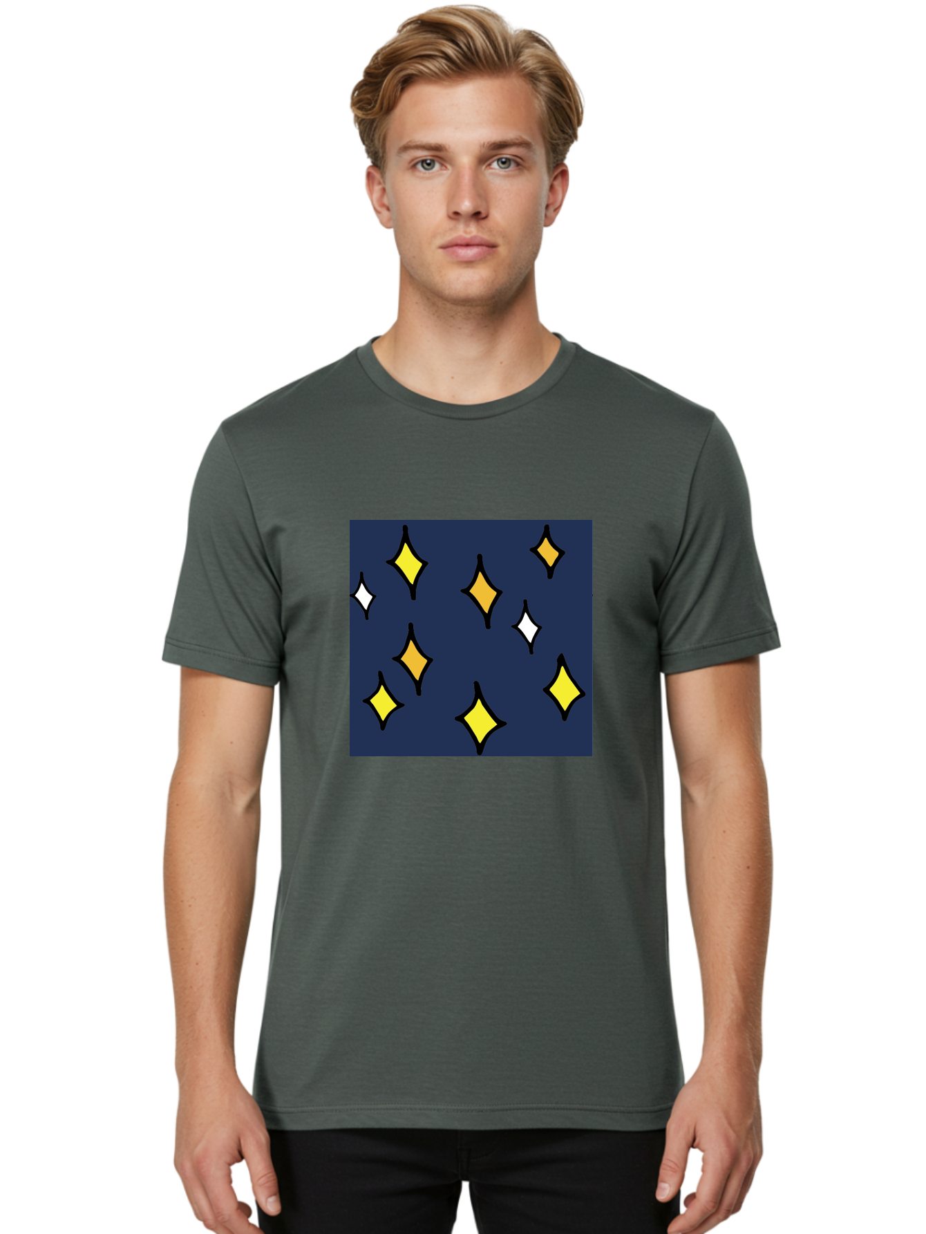Yellow-Diamonds Men'S Graphic Tee, 100% Cotton, Comfortable Casual Summer Wear, Machine Washable, Diamond Shapes, Yellow And White Diamonds, Dark Blue Background, Abstract Design, Modern Art, Minimalist Style, Geometric Pattern, Aab180 12