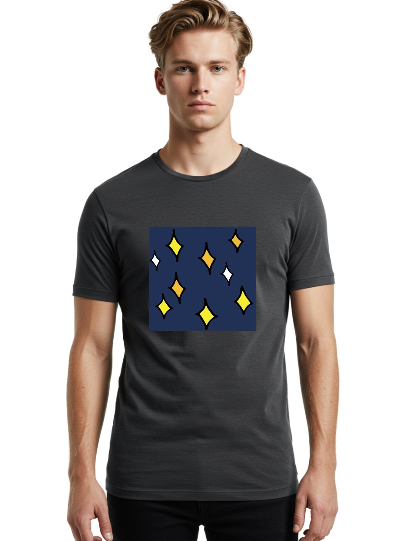 Yellow-Diamonds Men'S Graphic Tee, 100% Cotton, Comfortable Casual Summer Wear, Machine Washable, Diamond Shapes, Yellow And White Diamonds, Dark Blue Background, Abstract Design, Modern Art, Minimalist Style, Geometric Pattern, Aab180 19