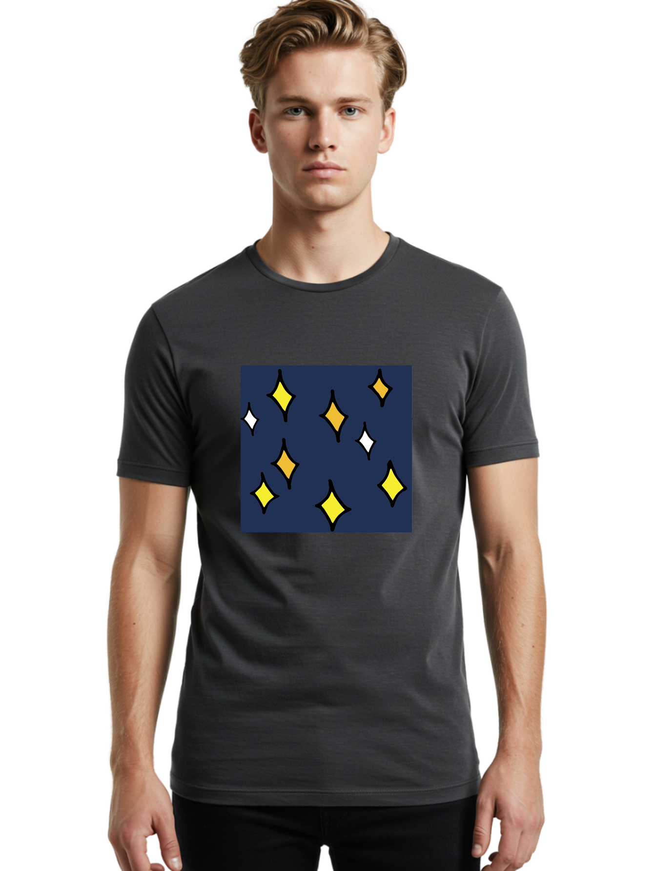 Yellow-Diamonds Men'S Graphic Tee, 100% Cotton, Comfortable Casual Summer Wear, Machine Washable, Diamond Shapes, Yellow And White Diamonds, Dark Blue Background, Abstract Design, Modern Art, Minimalist Style, Geometric Pattern, Aab180 22