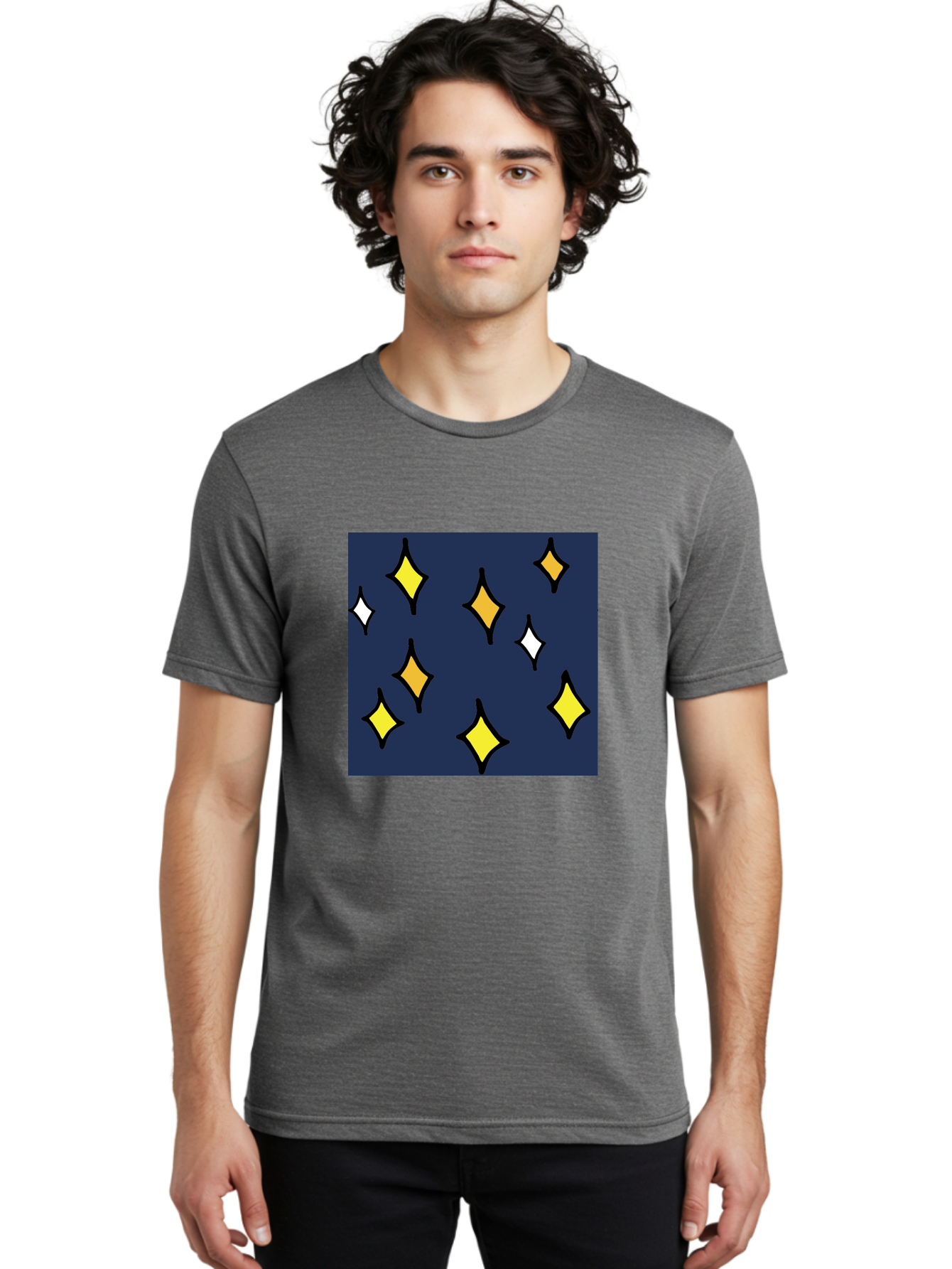 Yellow-Diamonds Men'S Graphic Tee, 100% Cotton, Comfortable Casual Summer Wear, Machine Washable, Diamond Shapes, Yellow And White Diamonds, Dark Blue Background, Abstract Design, Modern Art, Minimalist Style, Geometric Pattern, Aab180 8