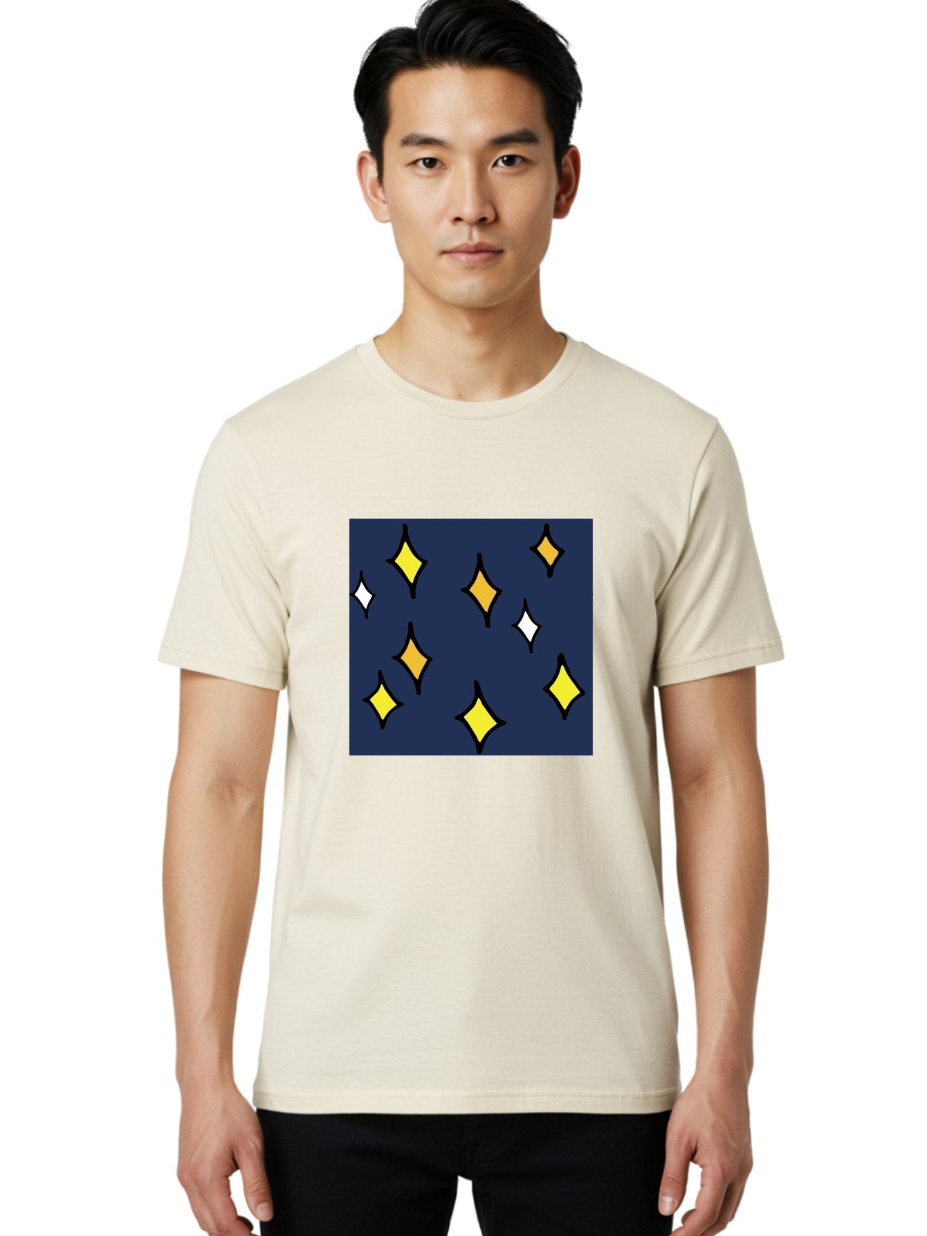 Yellow-Diamonds Men'S Graphic Tee, 100% Cotton, Comfortable Casual Summer Wear, Machine Washable, Diamond Shapes, Yellow And White Diamonds, Dark Blue Background, Abstract Design, Modern Art, Minimalist Style, Geometric Pattern, Aab180 29
