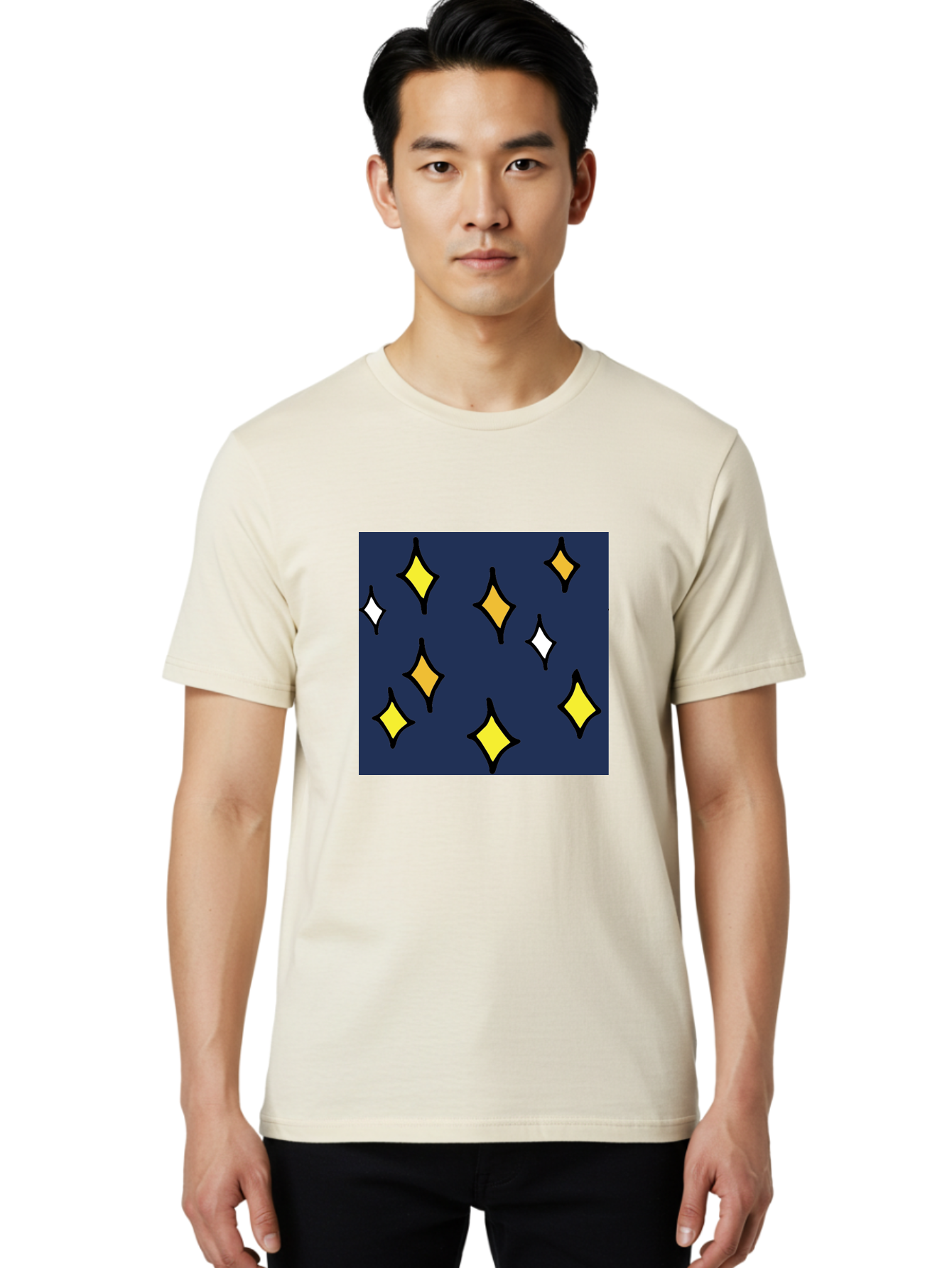Yellow-Diamonds Men'S Graphic Tee, 100% Cotton, Comfortable Casual Summer Wear, Machine Washable, Diamond Shapes, Yellow And White Diamonds, Dark Blue Background, Abstract Design, Modern Art, Minimalist Style, Geometric Pattern, Aab180 4