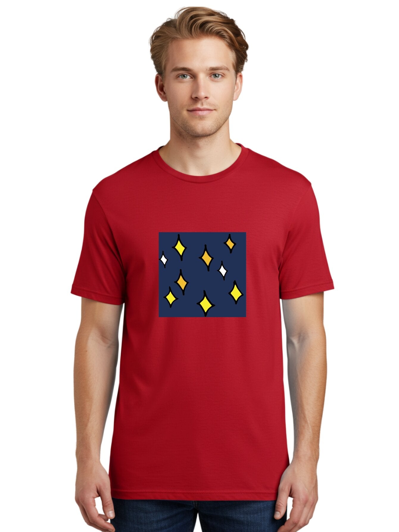 Yellow-Diamonds Men'S Graphic Tee, 100% Cotton, Comfortable Casual Summer Wear, Machine Washable, Diamond Shapes, Yellow And White Diamonds, Dark Blue Background, Abstract Design, Modern Art, Minimalist Style, Geometric Pattern, Aab180 22