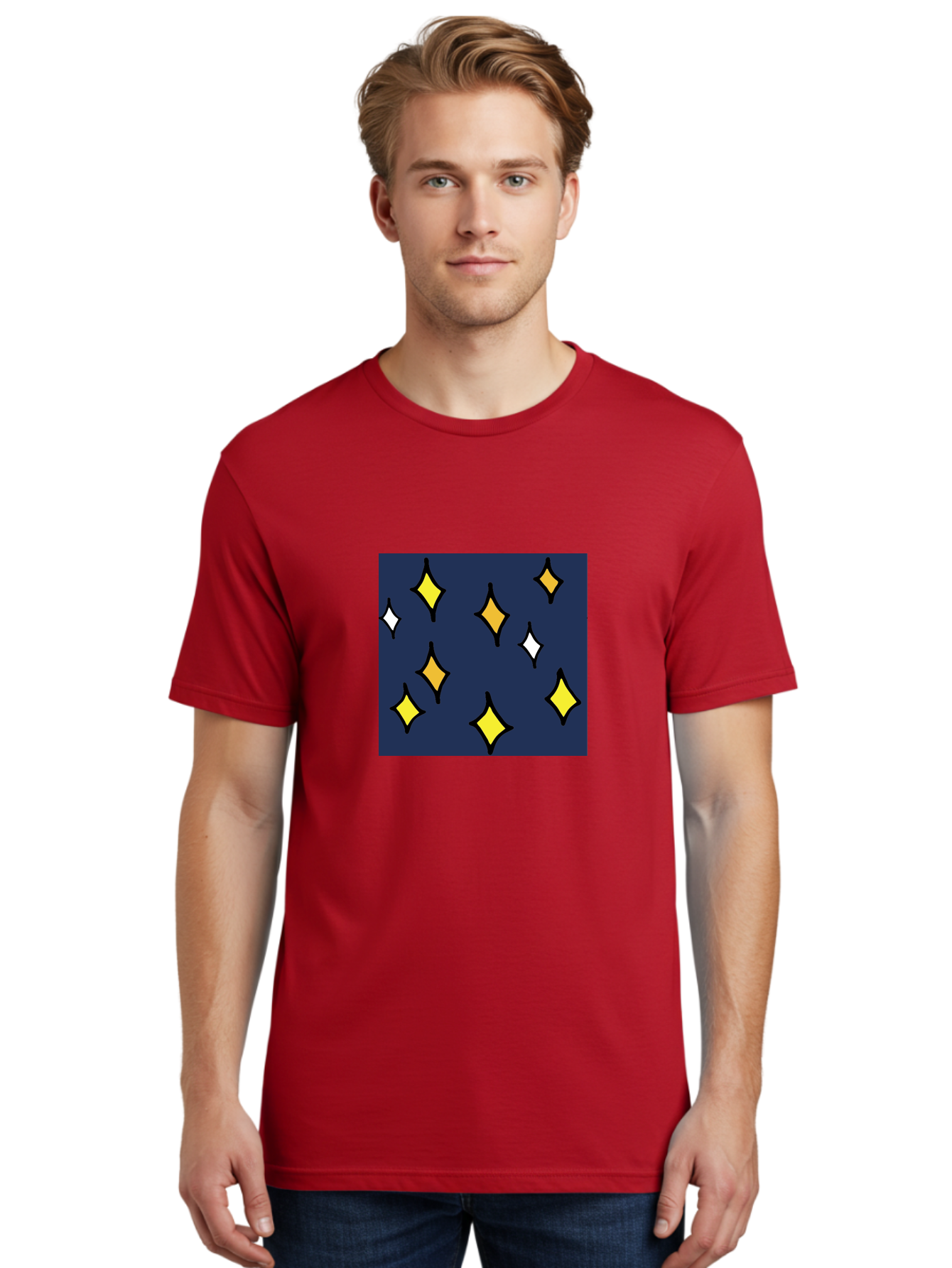 Yellow-Diamonds Men'S Graphic Tee, 100% Cotton, Comfortable Casual Summer Wear, Machine Washable, Diamond Shapes, Yellow And White Diamonds, Dark Blue Background, Abstract Design, Modern Art, Minimalist Style, Geometric Pattern, Aab180 18