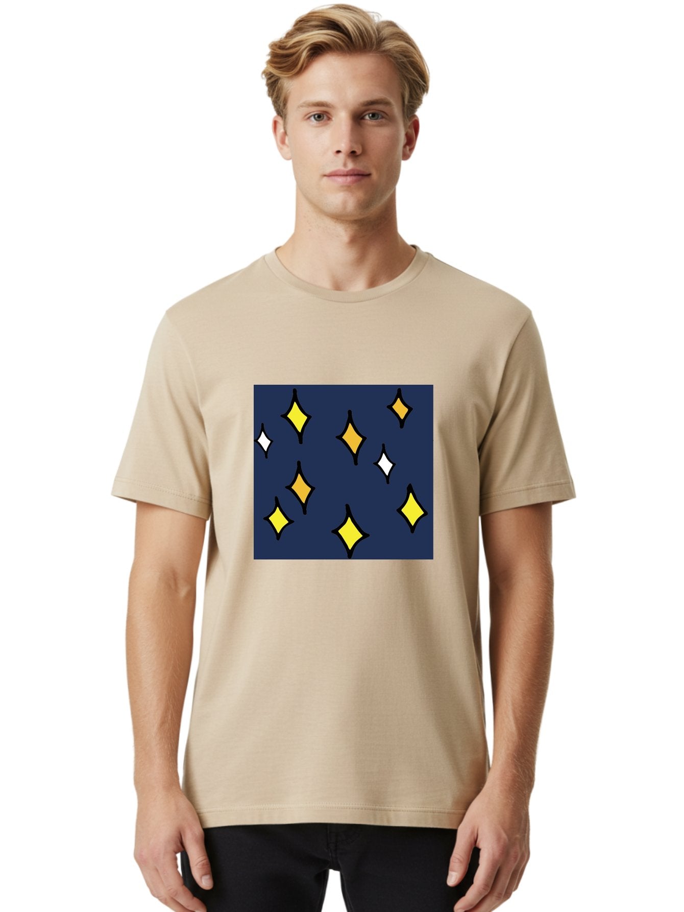 Yellow-Diamonds Men'S Graphic Tee, 100% Cotton, Comfortable Casual Summer Wear, Machine Washable, Diamond Shapes, Yellow And White Diamonds, Dark Blue Background, Abstract Design, Modern Art, Minimalist Style, Geometric Pattern, Aab180 23