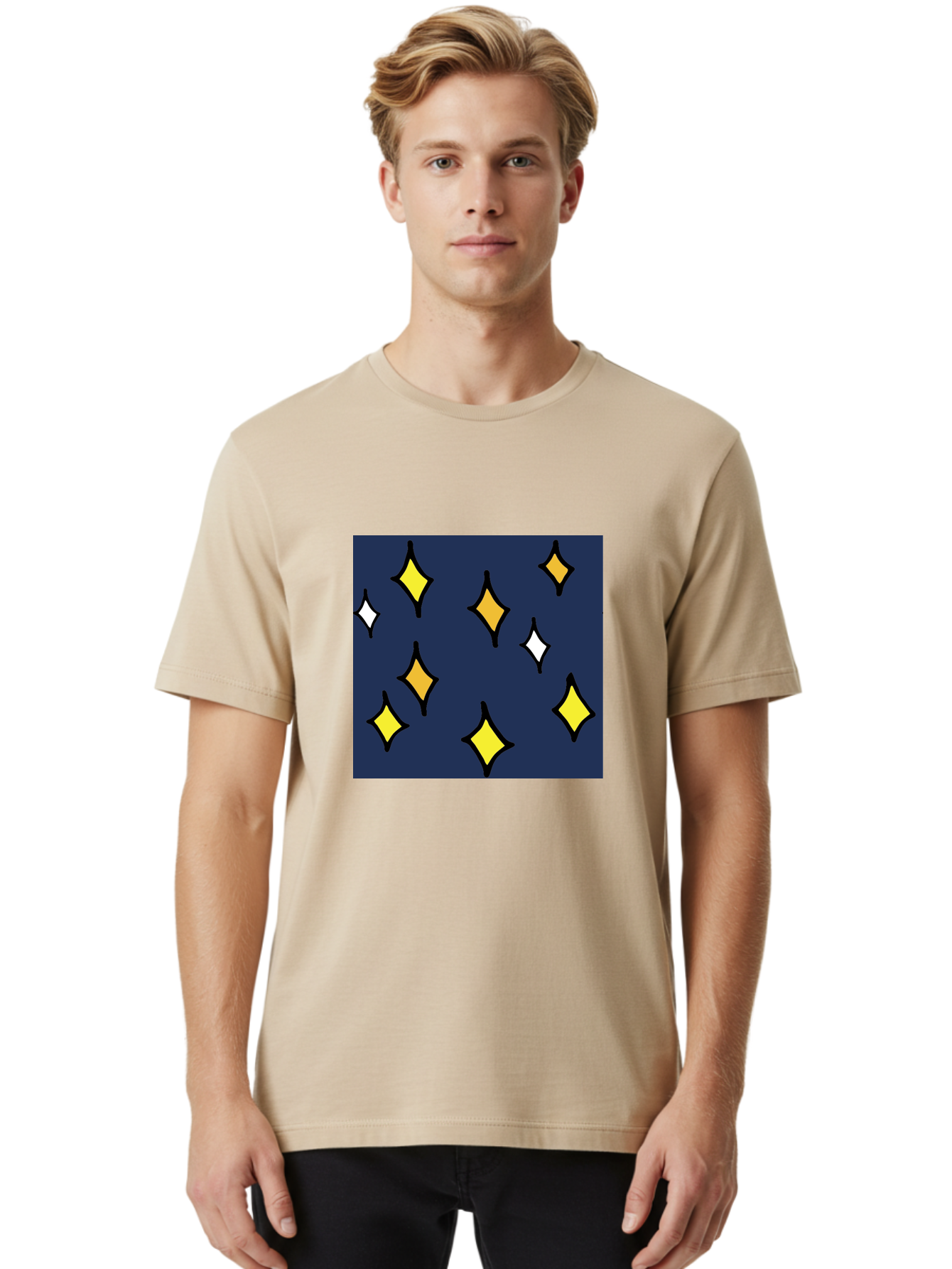 Yellow-Diamonds Men'S Graphic Tee, 100% Cotton, Comfortable Casual Summer Wear, Machine Washable, Diamond Shapes, Yellow And White Diamonds, Dark Blue Background, Abstract Design, Modern Art, Minimalist Style, Geometric Pattern, Aab180 16