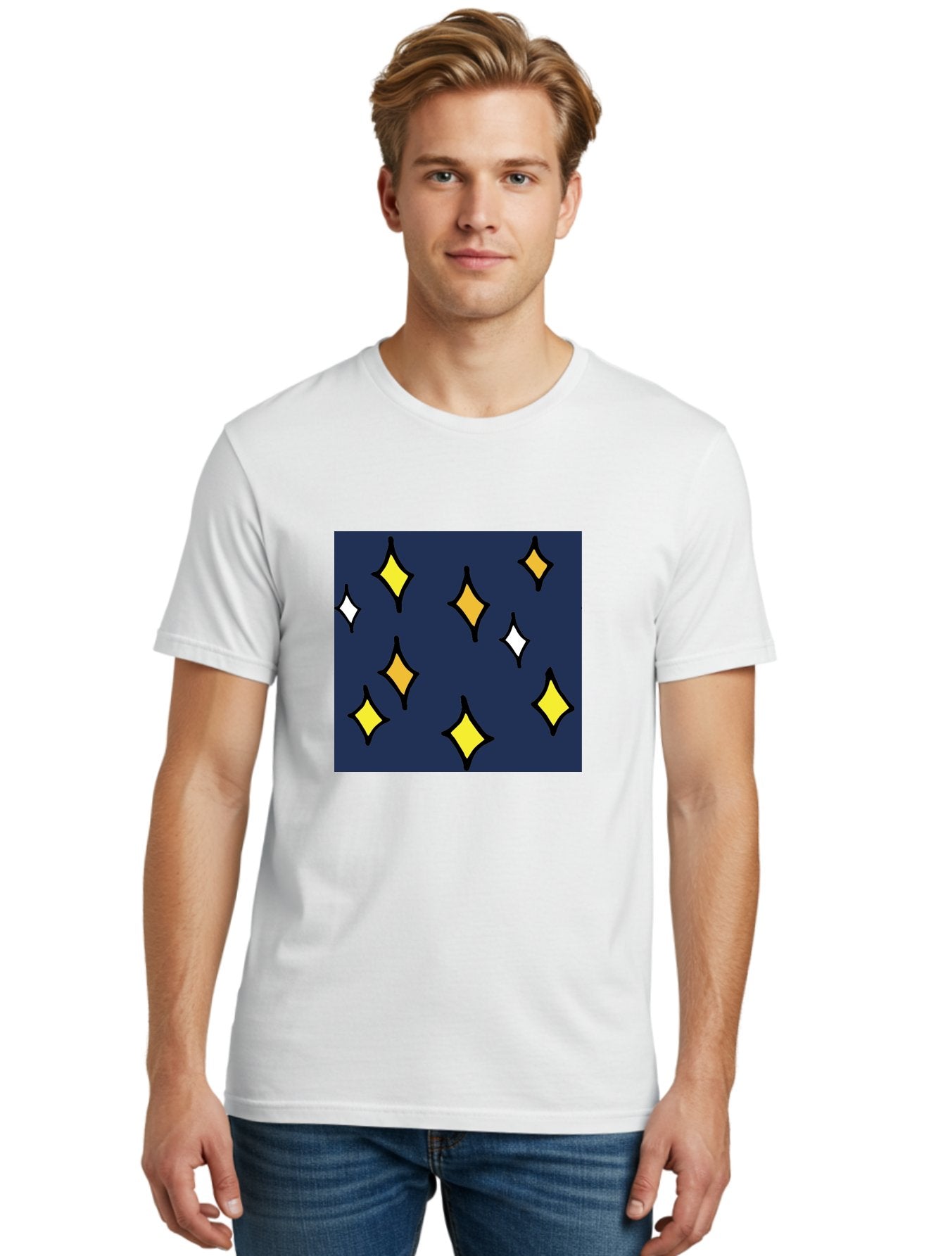 Yellow-Diamonds Men'S Graphic Tee, 100% Cotton, Comfortable Casual Summer Wear, Machine Washable, Diamond Shapes, Yellow And White Diamonds, Dark Blue Background, Abstract Design, Modern Art, Minimalist Style, Geometric Pattern, Aab180 20