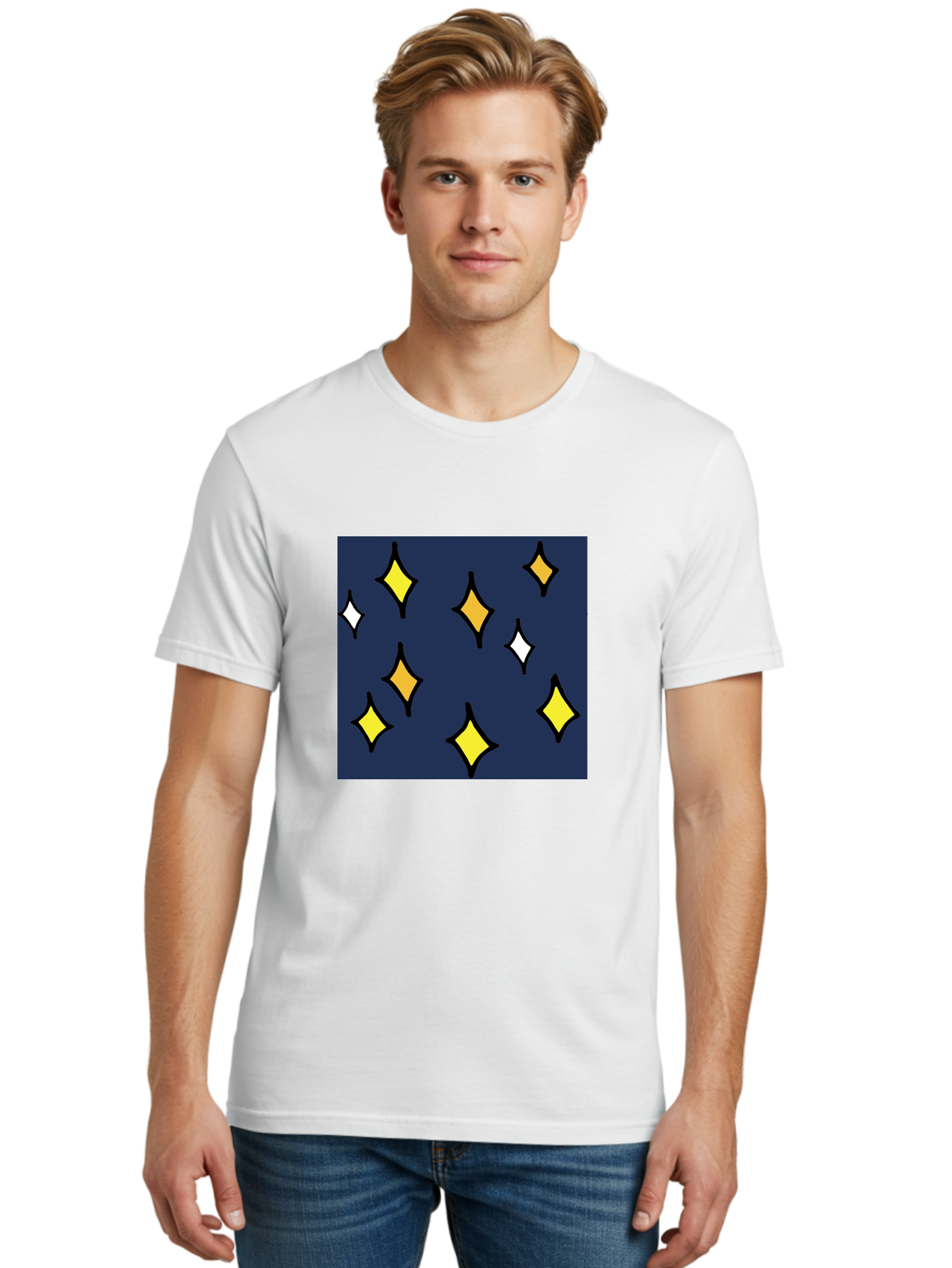 Yellow-Diamonds Men'S Graphic Tee, 100% Cotton, Comfortable Casual Summer Wear, Machine Washable, Diamond Shapes, Yellow And White Diamonds, Dark Blue Background, Abstract Design, Modern Art, Minimalist Style, Geometric Pattern, Aab180 30