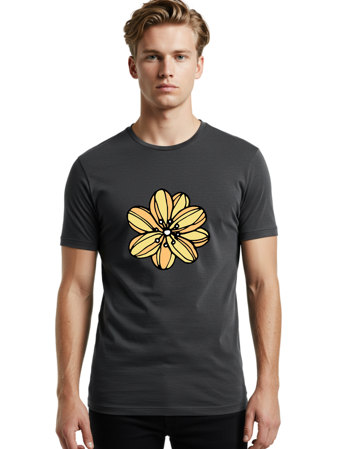 Yellow-Flower Men'S Graphic Tee, 100% Cotton, Comfortable Casual Summer Wear, Machine Washable, Cartoon Flower, Yellow Petals, Simple Design, Black Outline, Floral Illustration, Digital Art, Minimalist Style Aab182 18