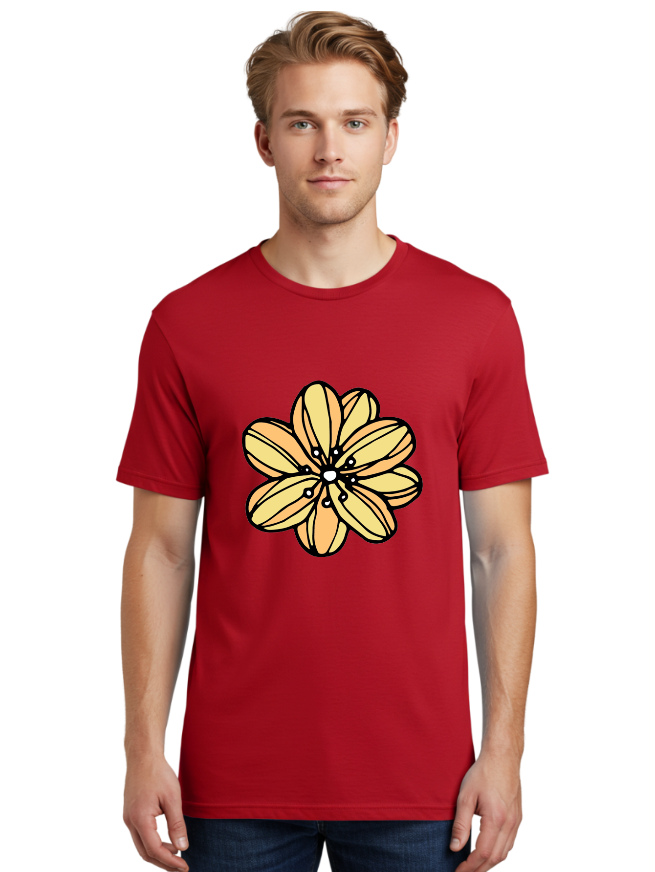Yellow-Flower Men'S Graphic Tee, 100% Cotton, Comfortable Casual Summer Wear, Machine Washable, Cartoon Flower, Yellow Petals, Simple Design, Black Outline, Floral Illustration, Digital Art, Minimalist Style Aab182 4
