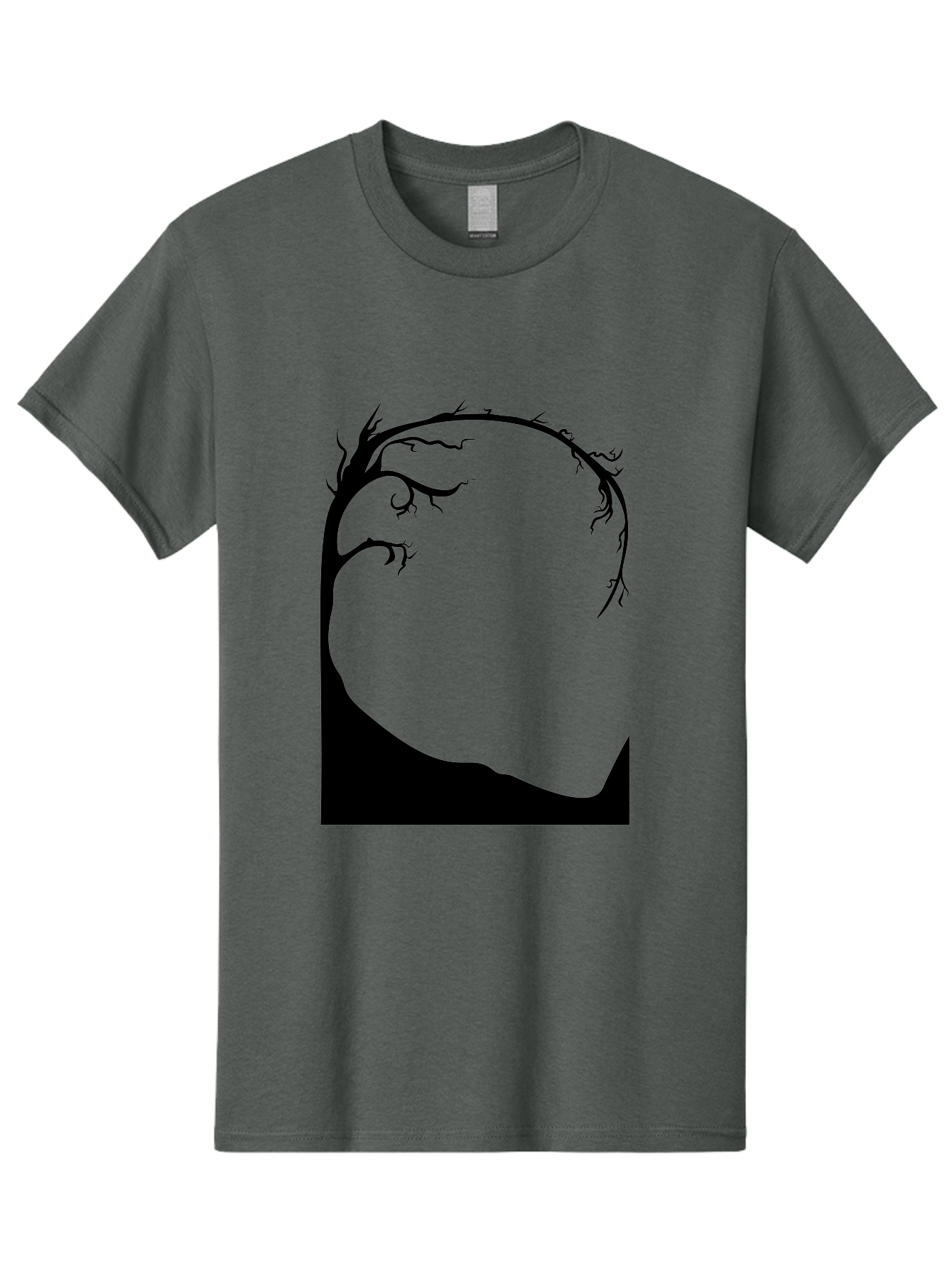 A-Tree-Silhouette Men'S Graphic Tee, 100% Cotton, Comfortable Casual Summer Wear, Machine Washable, Twisted Tree Branches, Bare Tree Silhouette, Abstract Tree Design, Minimalist Art, Black Tree On Green, Surreal Landscape, Eerie Atmosphere Aab190