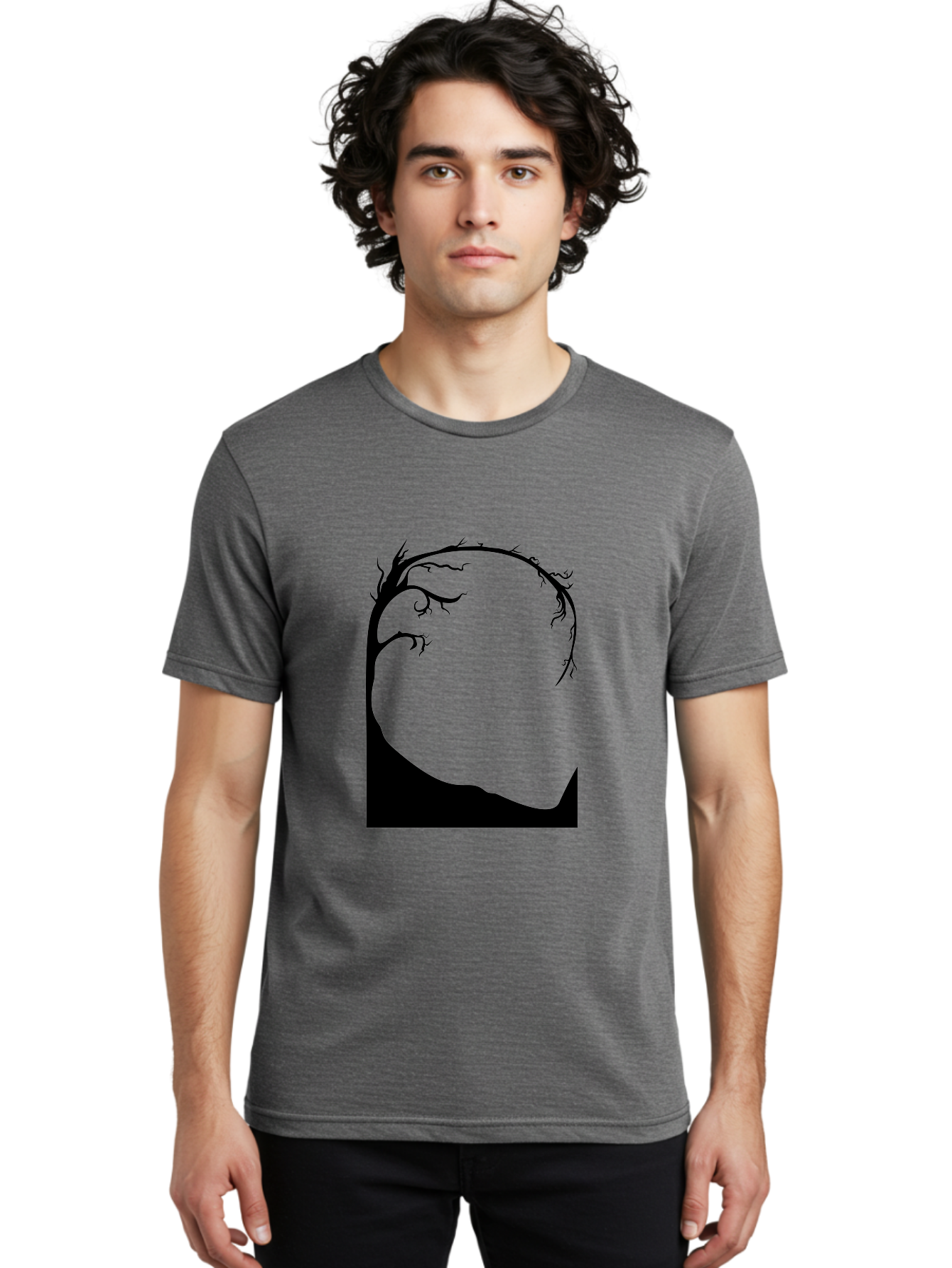 A-Tree-Silhouette Men'S Graphic Tee, 100% Cotton, Comfortable Casual Summer Wear, Machine Washable, Twisted Tree Branches, Bare Tree Silhouette, Abstract Tree Design, Minimalist Art, Black Tree On Green, Surreal Landscape, Eerie Atmosphere Aab190 8