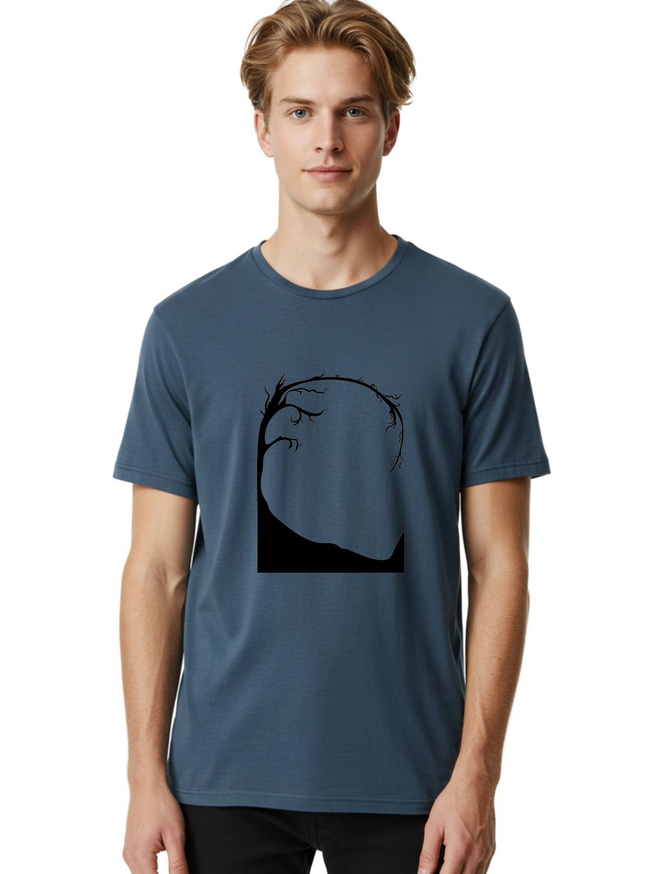 A-Tree-Silhouette Men'S Graphic Tee, 100% Cotton, Comfortable Casual Summer Wear, Machine Washable, Twisted Tree Branches, Bare Tree Silhouette, Abstract Tree Design, Minimalist Art, Black Tree On Green, Surreal Landscape, Eerie Atmosphere Aab190 6
