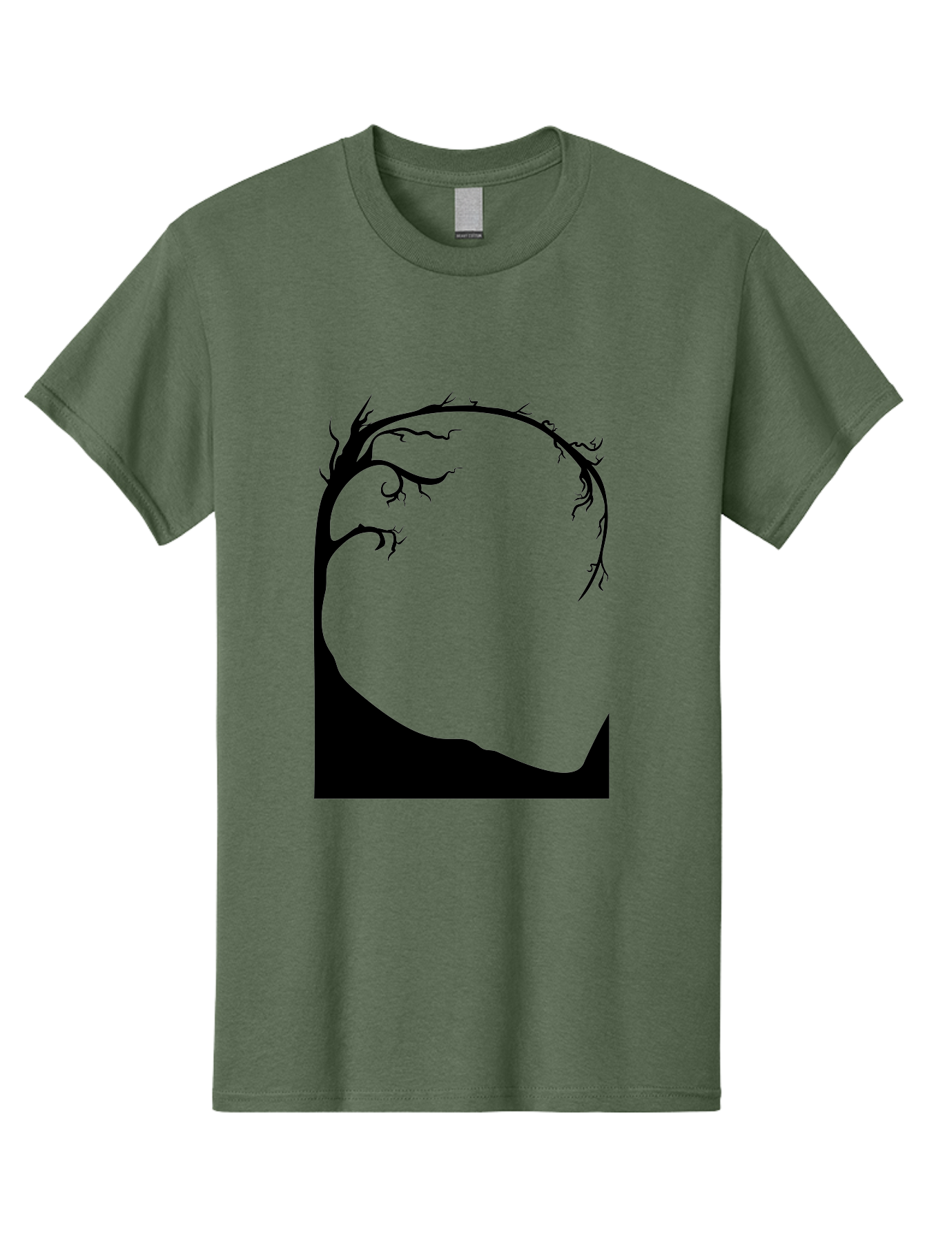 A-Tree-Silhouette Men'S Graphic Tee, 100% Cotton, Comfortable Casual Summer Wear, Machine Washable, Twisted Tree Branches, Bare Tree Silhouette, Abstract Tree Design, Minimalist Art, Black Tree On Green, Surreal Landscape, Eerie Atmosphere Aab190 23