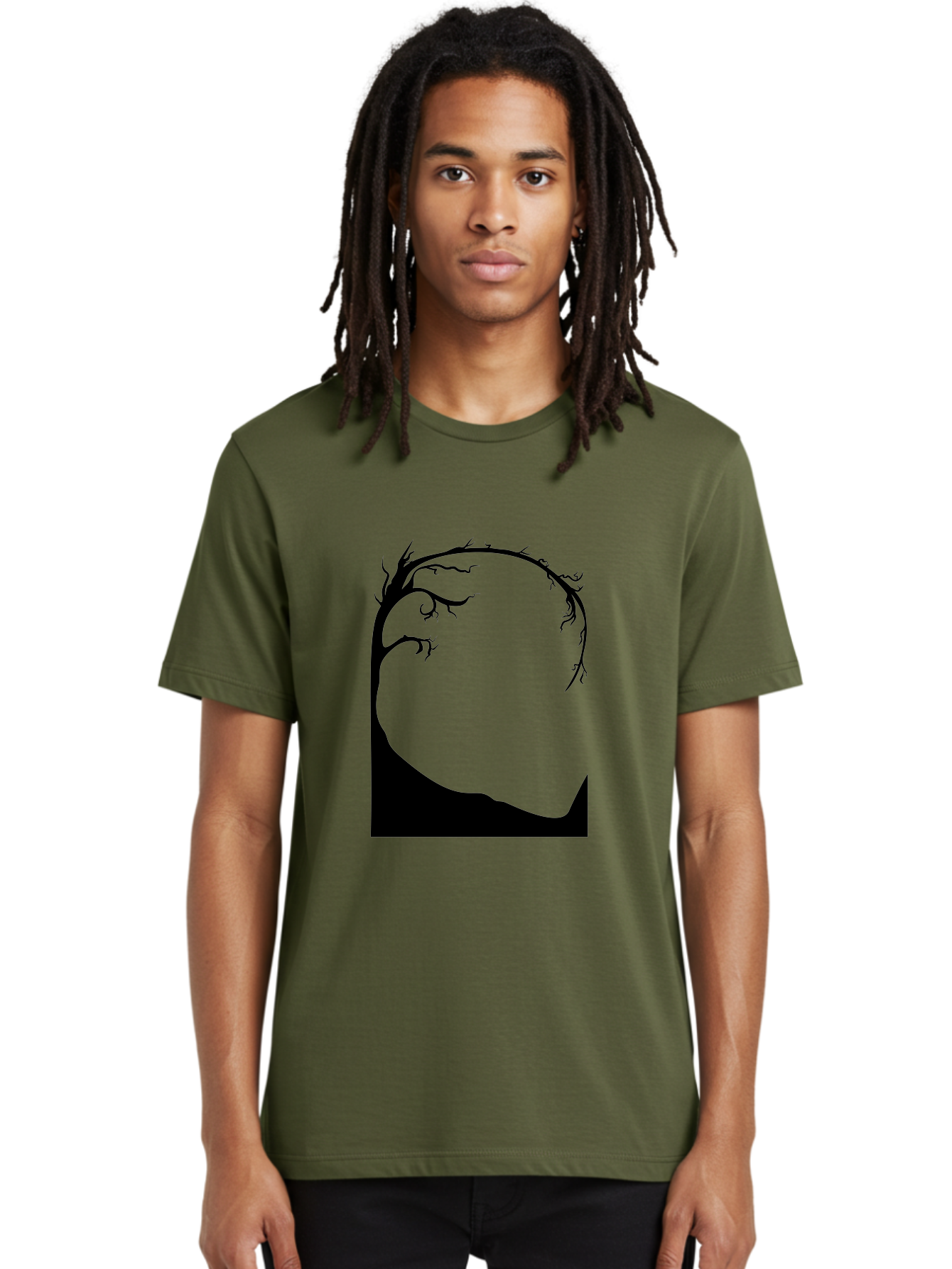A-Tree-Silhouette Men'S Graphic Tee, 100% Cotton, Comfortable Casual Summer Wear, Machine Washable, Twisted Tree Branches, Bare Tree Silhouette, Abstract Tree Design, Minimalist Art, Black Tree On Green, Surreal Landscape, Eerie Atmosphere Aab190 24