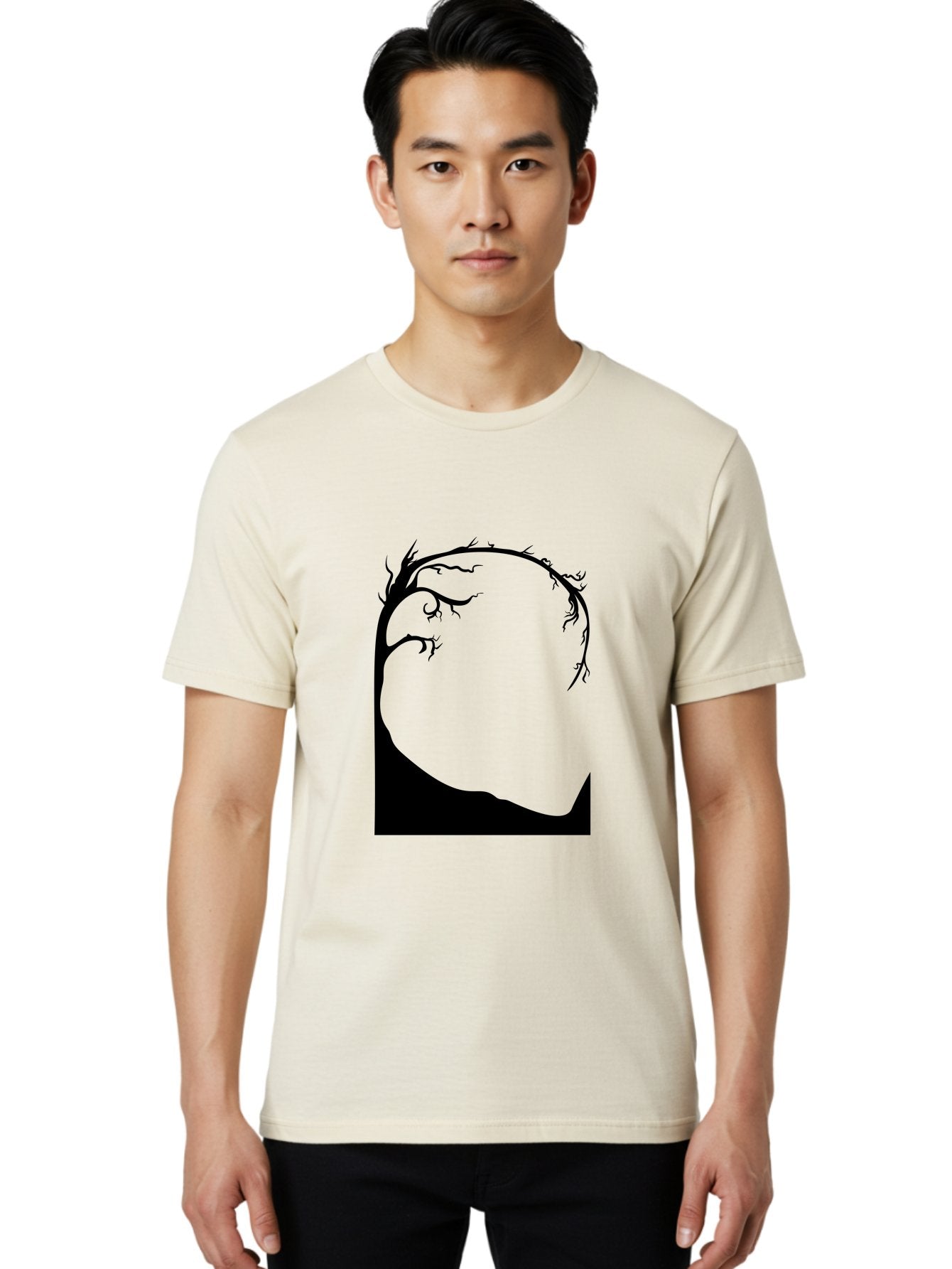 A-Tree-Silhouette Men'S Graphic Tee, 100% Cotton, Comfortable Casual Summer Wear, Machine Washable, Twisted Tree Branches, Bare Tree Silhouette, Abstract Tree Design, Minimalist Art, Black Tree On Green, Surreal Landscape, Eerie Atmosphere Aab190 21