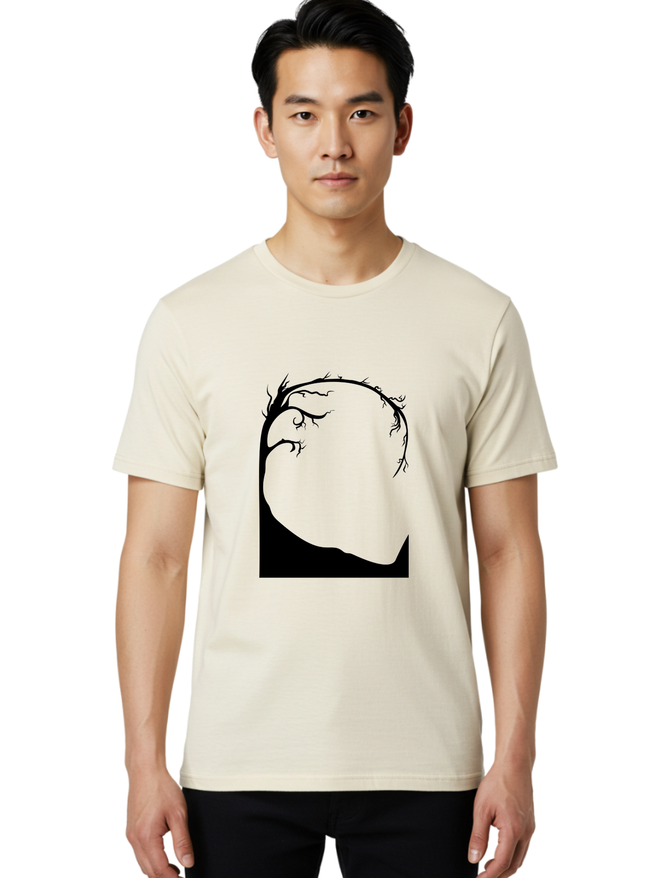 A-Tree-Silhouette Men'S Graphic Tee, 100% Cotton, Comfortable Casual Summer Wear, Machine Washable, Twisted Tree Branches, Bare Tree Silhouette, Abstract Tree Design, Minimalist Art, Black Tree On Green, Surreal Landscape, Eerie Atmosphere Aab190 20