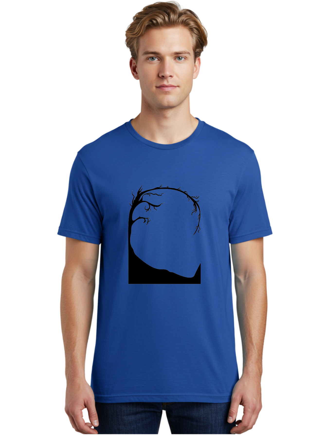 A-Tree-Silhouette Men'S Graphic Tee, 100% Cotton, Comfortable Casual Summer Wear, Machine Washable, Twisted Tree Branches, Bare Tree Silhouette, Abstract Tree Design, Minimalist Art, Black Tree On Green, Surreal Landscape, Eerie Atmosphere Aab190 26