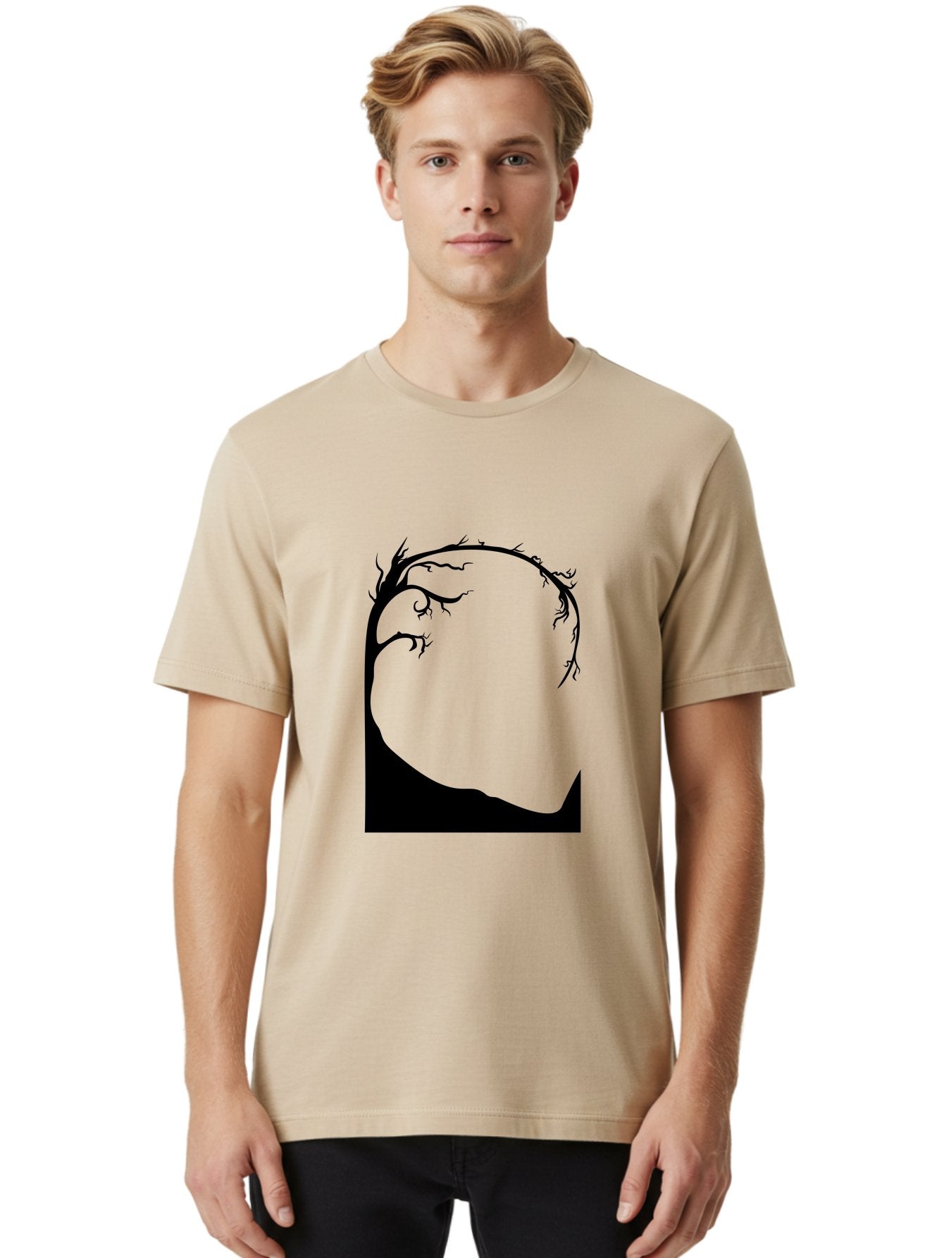 A-Tree-Silhouette Men'S Graphic Tee, 100% Cotton, Comfortable Casual Summer Wear, Machine Washable, Twisted Tree Branches, Bare Tree Silhouette, Abstract Tree Design, Minimalist Art, Black Tree On Green, Surreal Landscape, Eerie Atmosphere Aab190 29