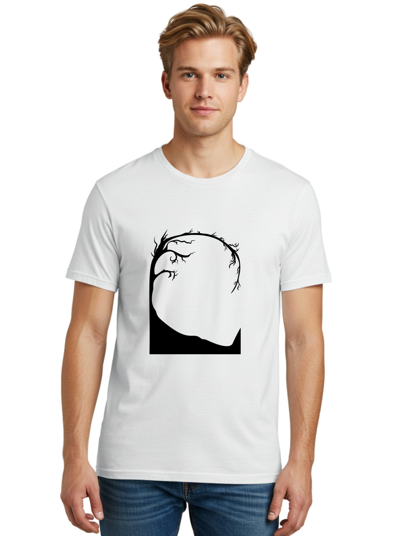 A-Tree-Silhouette Men'S Graphic Tee, 100% Cotton, Comfortable Casual Summer Wear, Machine Washable, Twisted Tree Branches, Bare Tree Silhouette, Abstract Tree Design, Minimalist Art, Black Tree On Green, Surreal Landscape, Eerie Atmosphere Aab190 17